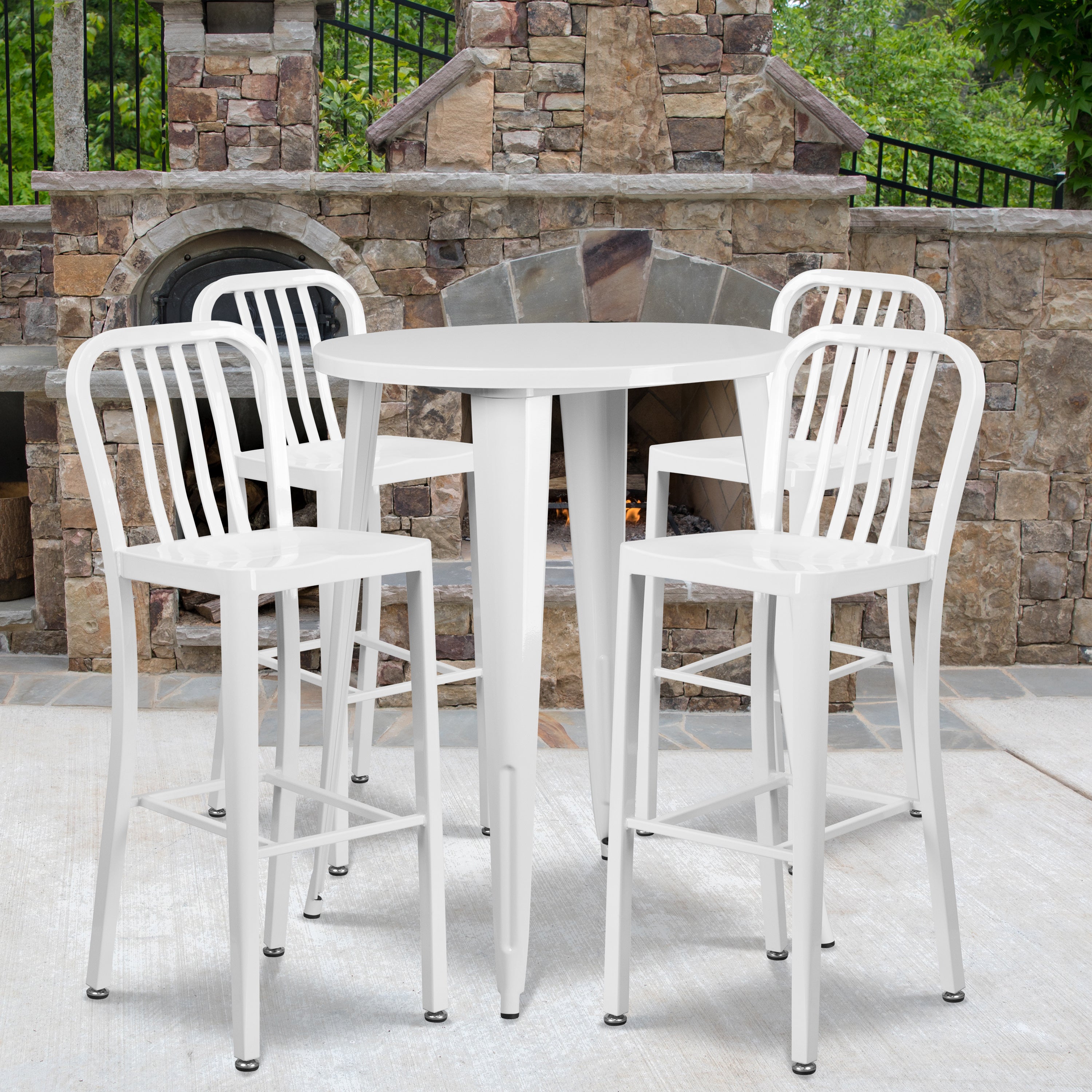 Tristan Commercial Grade 30" Round White Metal Indoor-Outdoor Bar Table Set with 4 Vertical Slat Back Stools