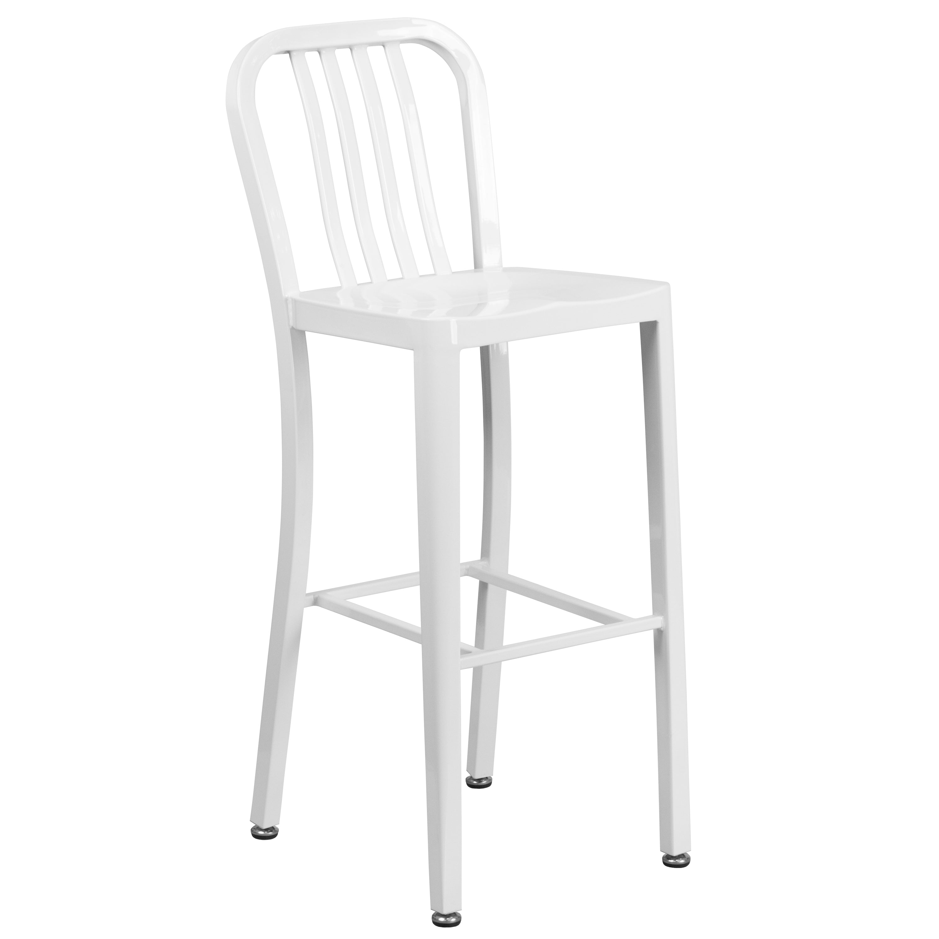 Tristan Commercial Grade 30" Round White Metal Indoor-Outdoor Bar Table Set with 4 Vertical Slat Back Stools
