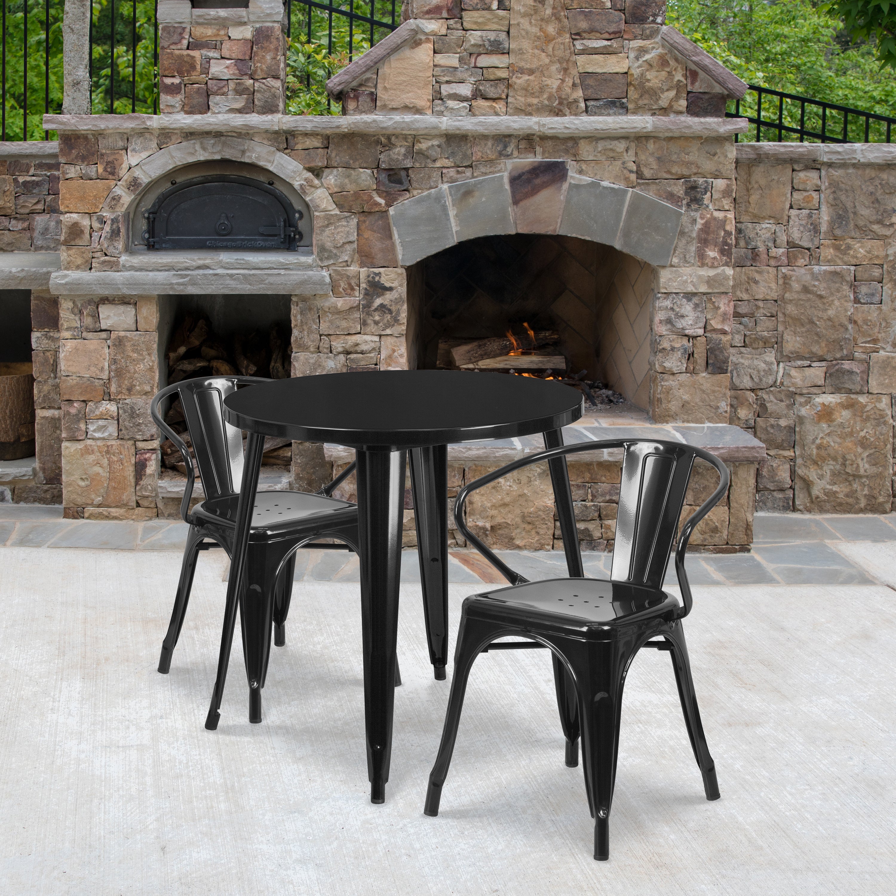 Conrad  Commercial Grade 30" Round Black Metal Indoor-Outdoor Table Set with 2 Arm Chairs