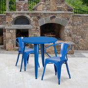 Conrad  Commercial Grade 30" Round Blue Metal Indoor-Outdoor Table Set with 2 Arm Chairs