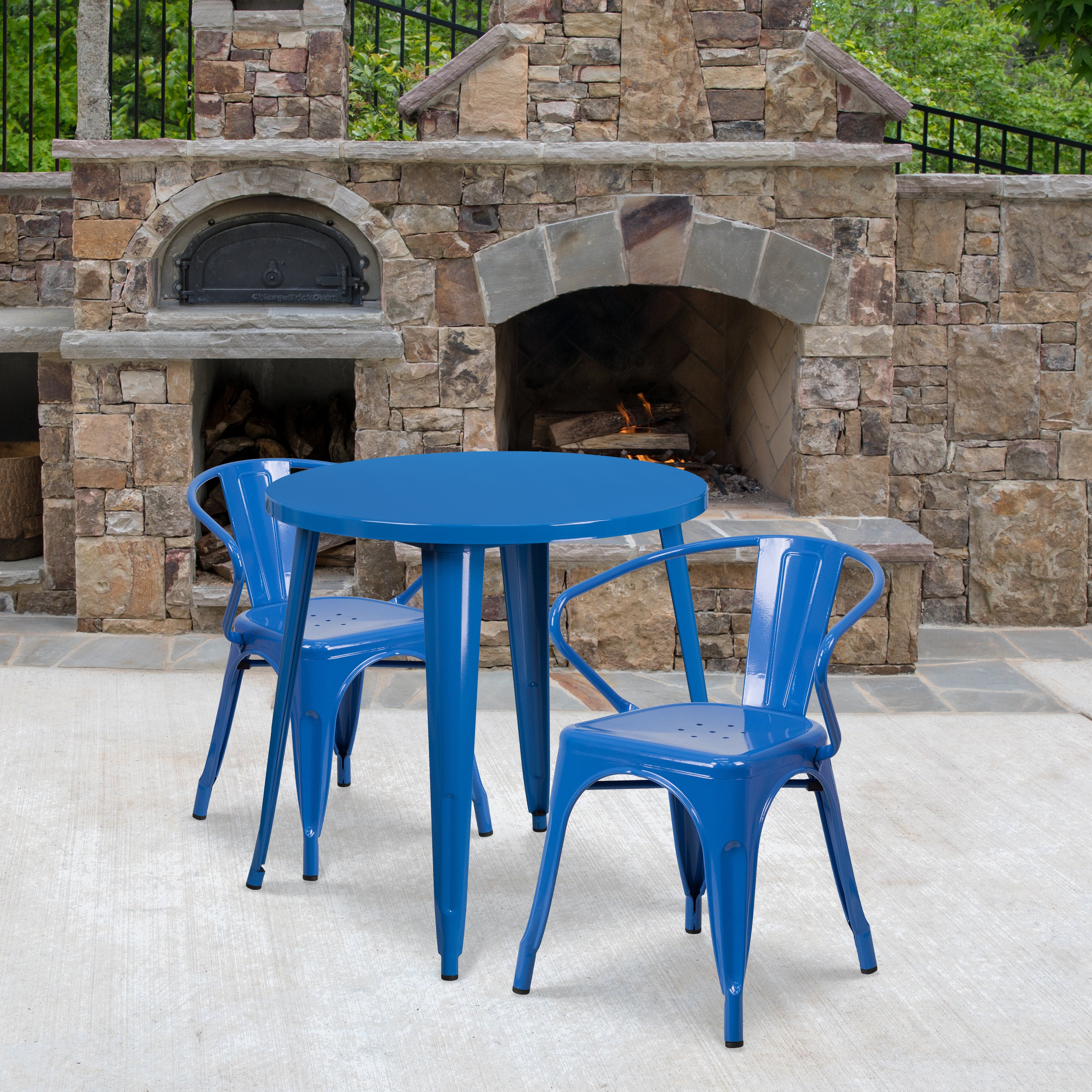 Conrad  Commercial Grade 30" Round Blue Metal Indoor-Outdoor Table Set with 2 Arm Chairs