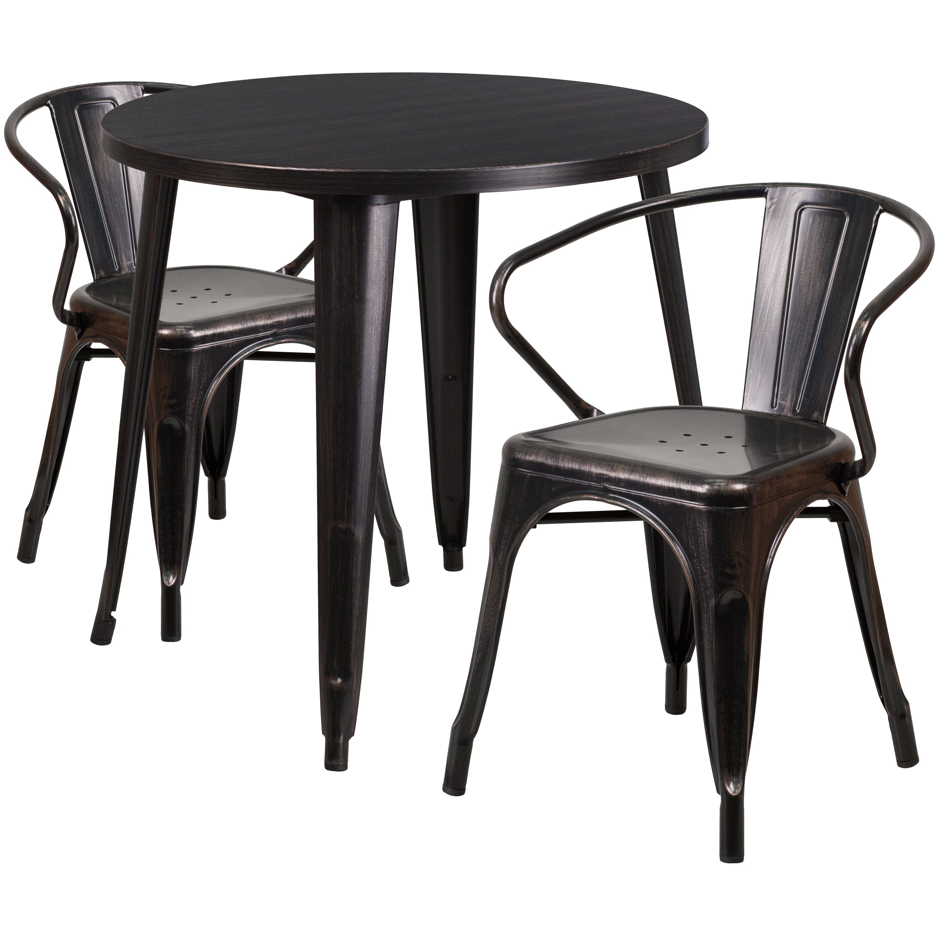 Conrad  Commercial Grade 30" Round Black-Antique Gold Metal Indoor-Outdoor Table Set with 2 Arm Chairs