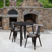 Conrad  Commercial Grade 30" Round Black-Antique Gold Metal Indoor-Outdoor Table Set with 2 Arm Chairs