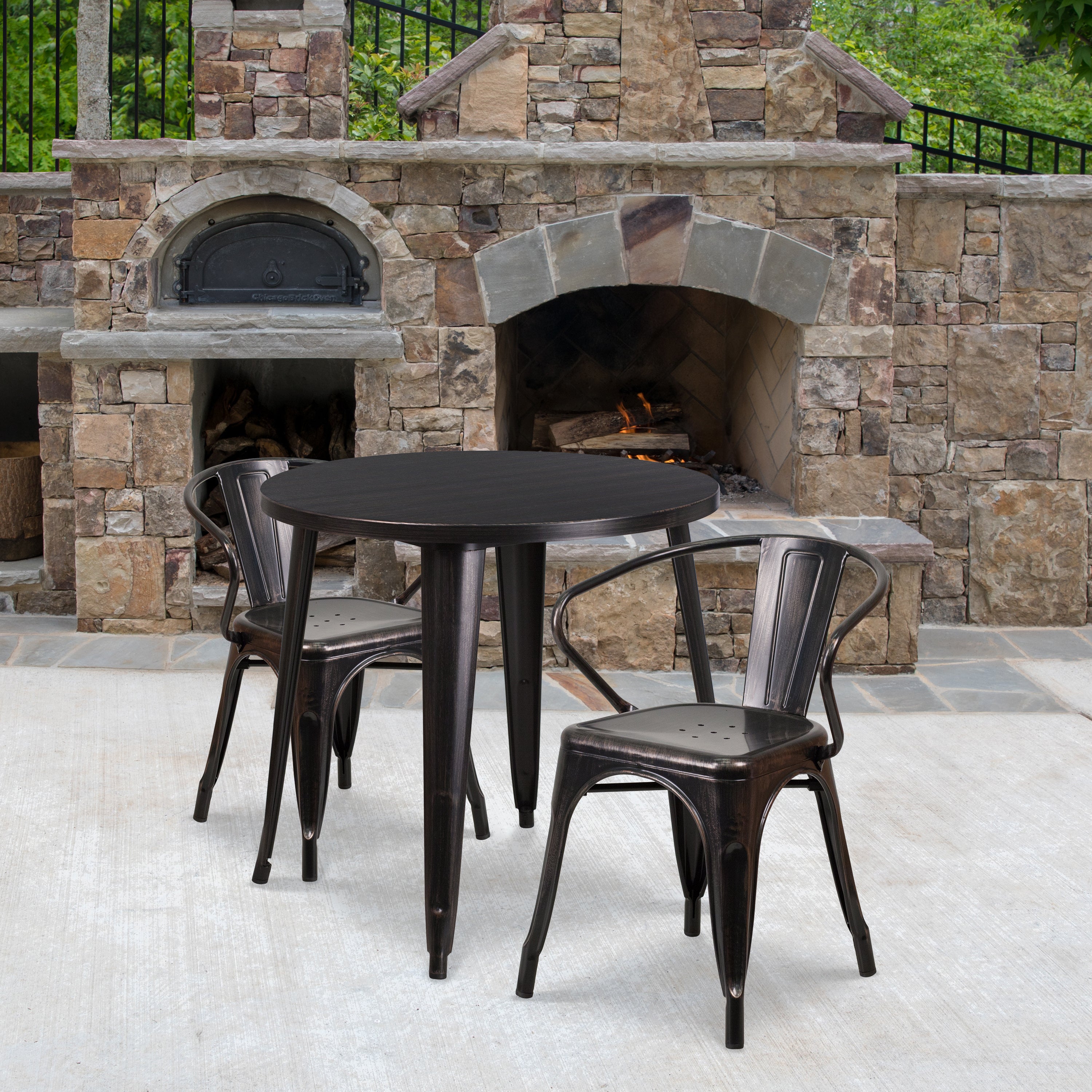 Conrad  Commercial Grade 30" Round Black-Antique Gold Metal Indoor-Outdoor Table Set with 2 Arm Chairs