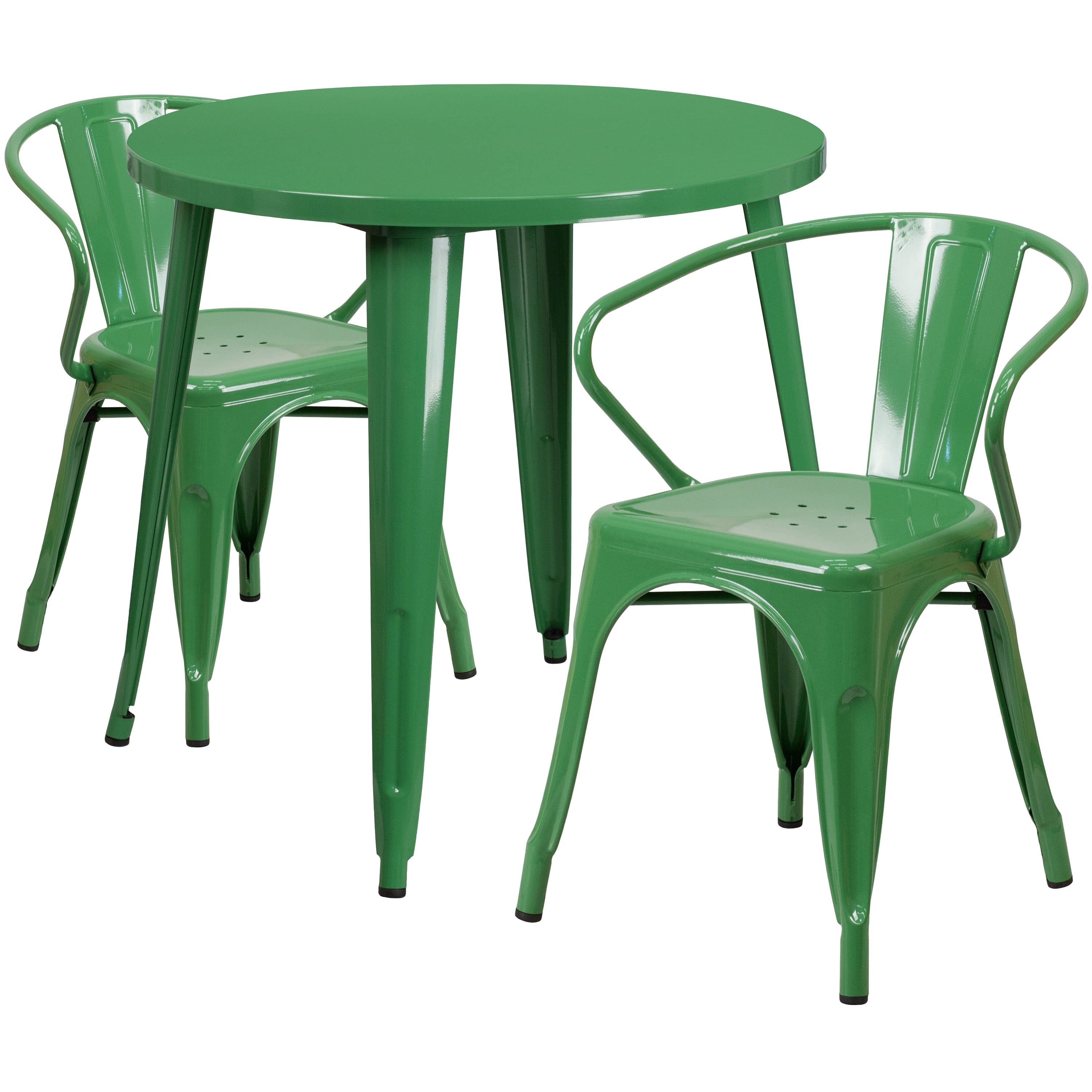 Conrad  Commercial Grade 30" Round Green Metal Indoor-Outdoor Table Set with 2 Arm Chairs