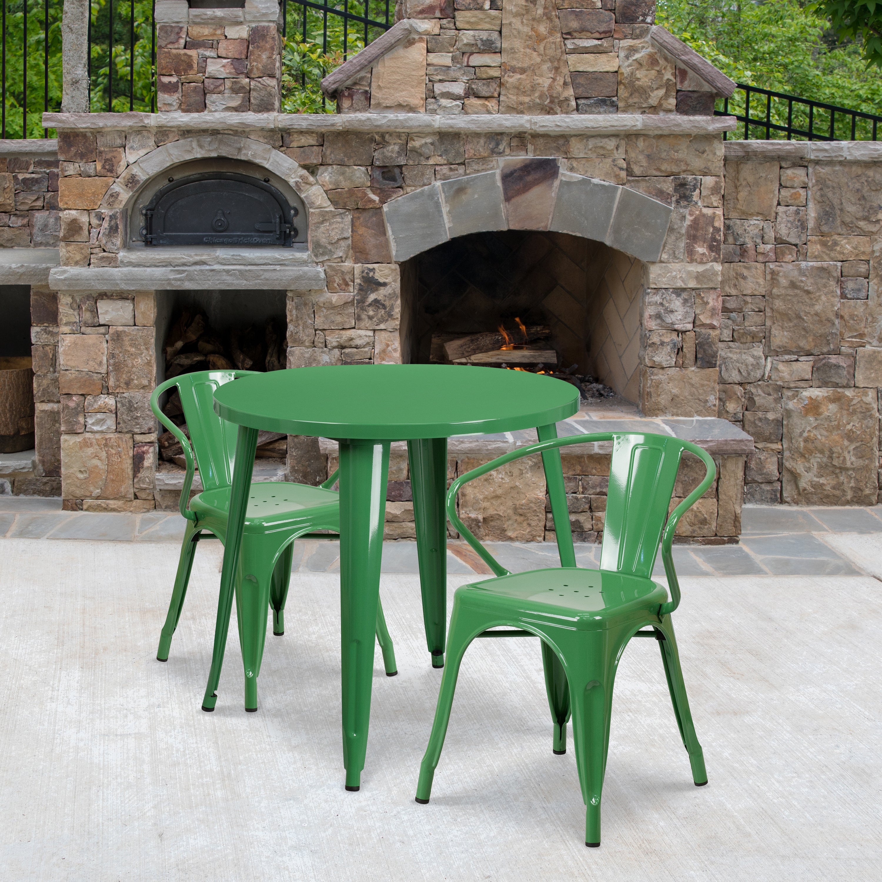Conrad  Commercial Grade 30" Round Green Metal Indoor-Outdoor Table Set with 2 Arm Chairs