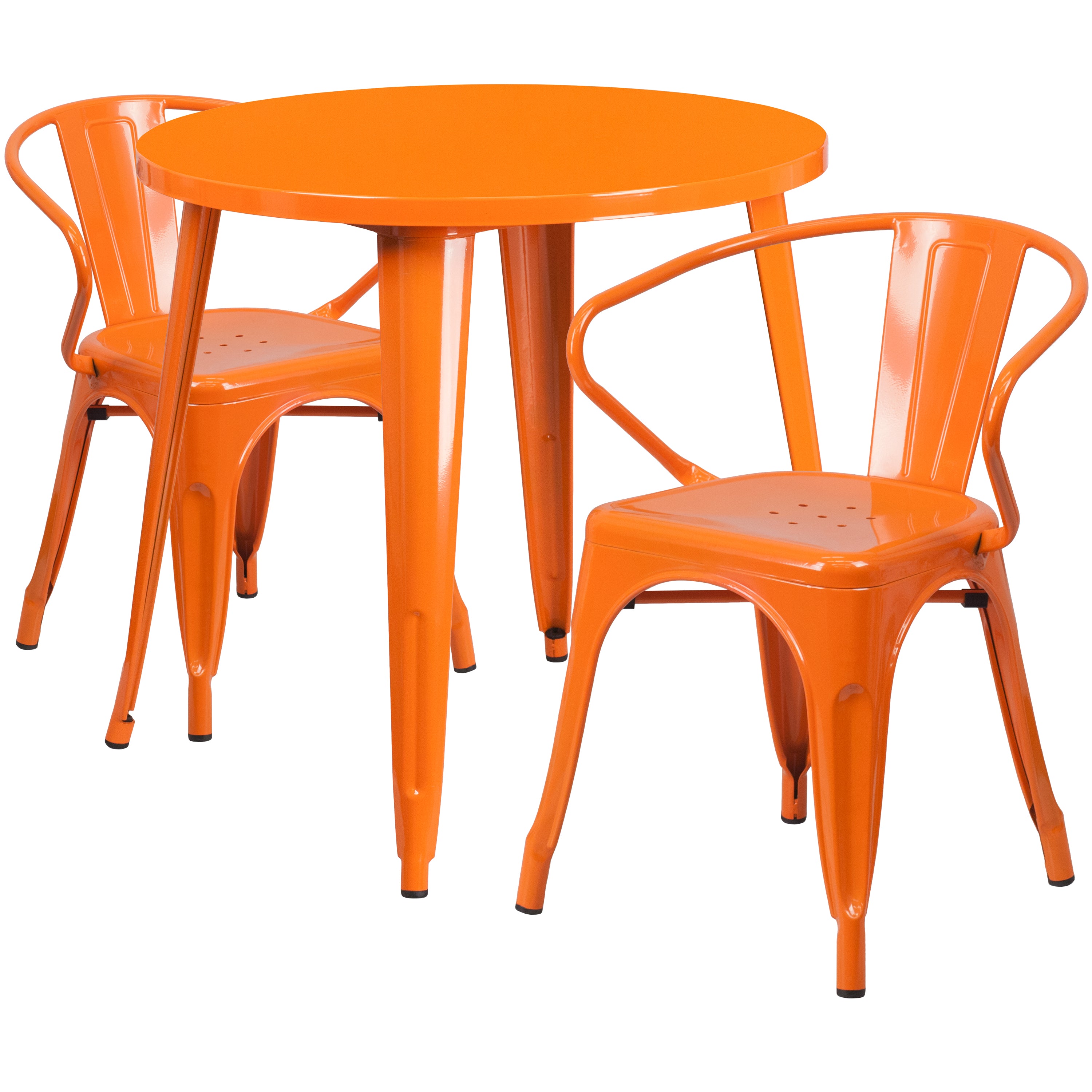 Conrad  Commercial Grade 30" Round Orange Metal Indoor-Outdoor Table Set with 2 Arm Chairs