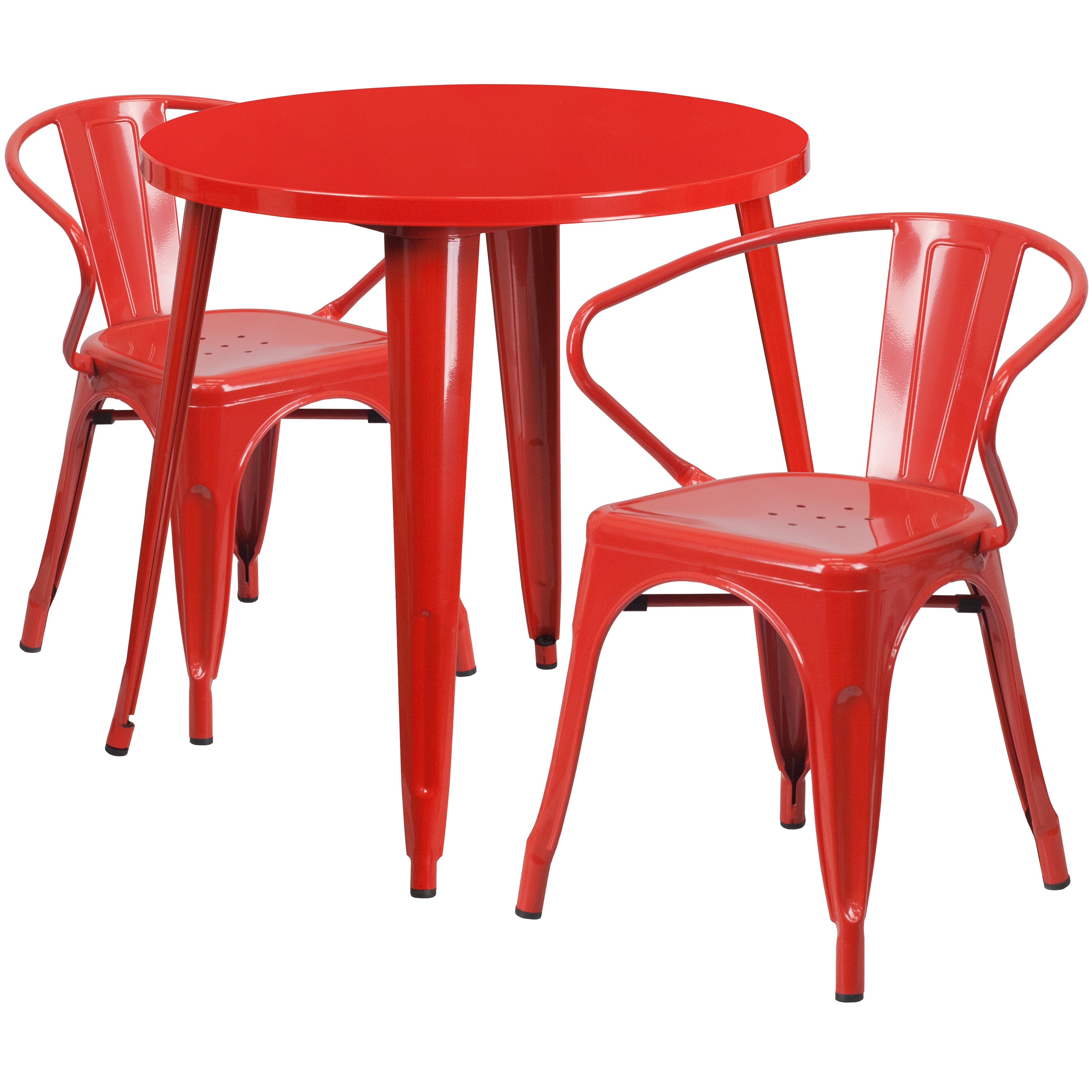 Conrad  Commercial Grade 30" Round Red Metal Indoor-Outdoor Table Set with 2 Arm Chairs