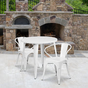 Conrad  Commercial Grade 30" Round White Metal Indoor-Outdoor Table Set with 2 Arm Chairs