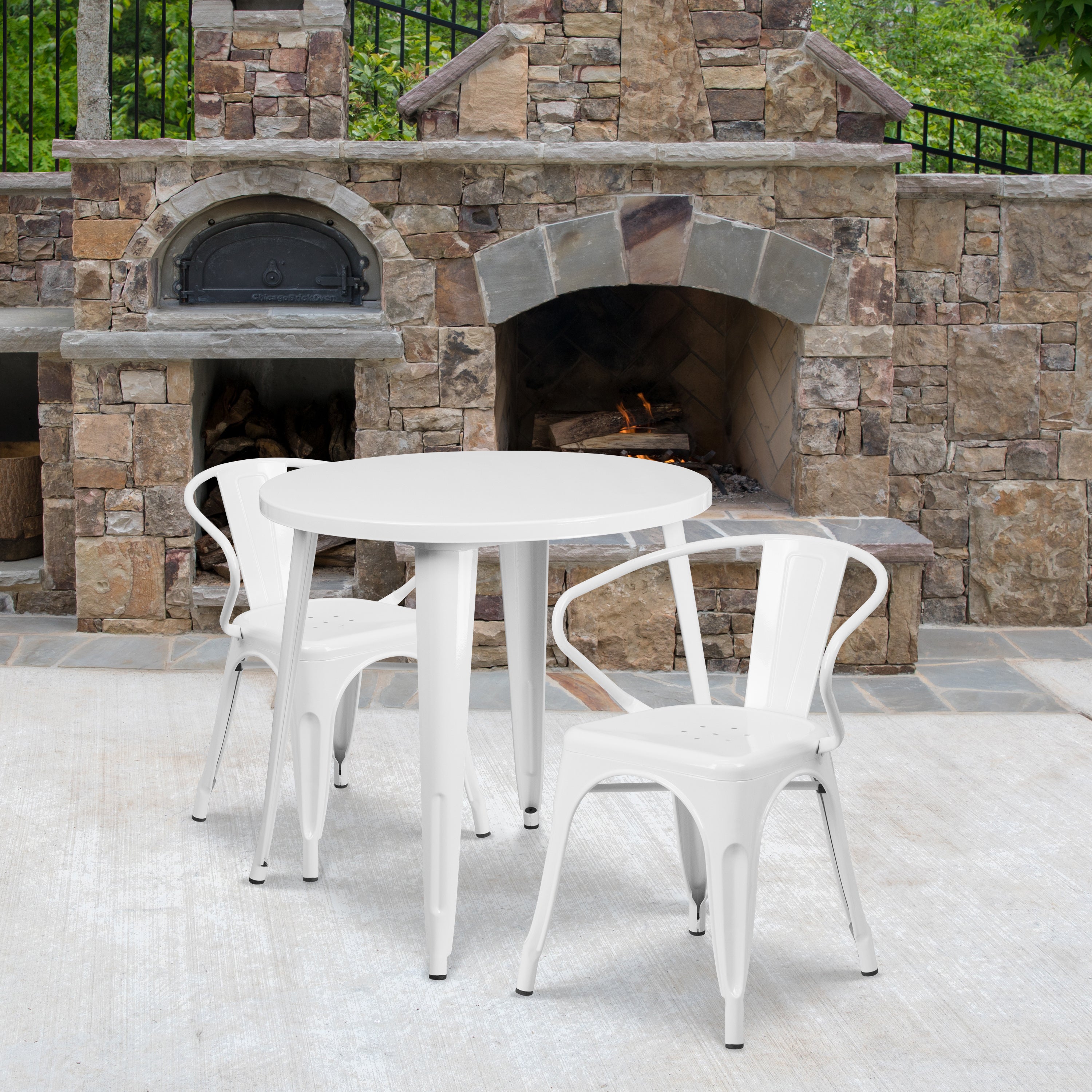 Conrad  Commercial Grade 30" Round White Metal Indoor-Outdoor Table Set with 2 Arm Chairs