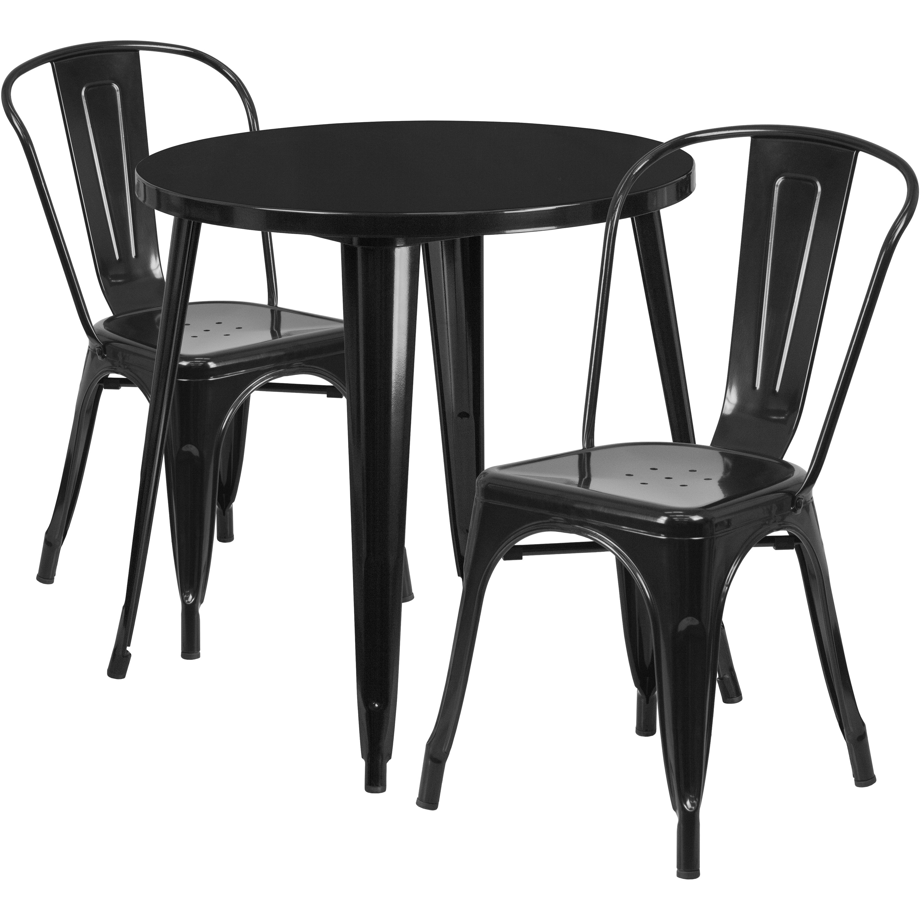 Baker Commercial Grade 30" Round Black Metal Indoor-Outdoor Table Set with 2 Cafe Chairs