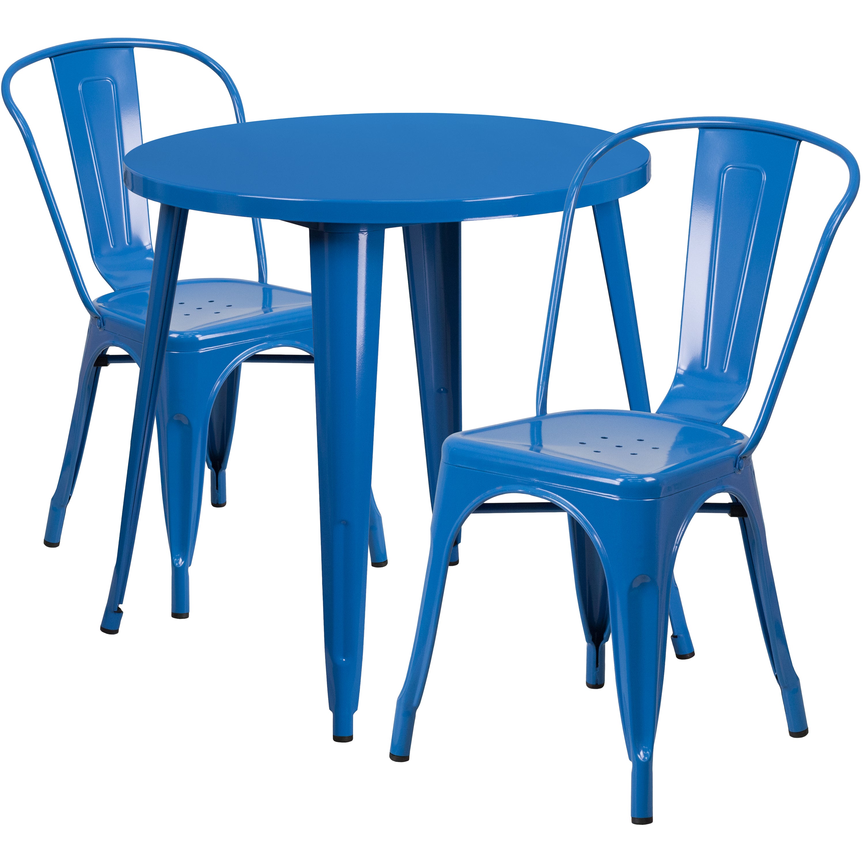 Baker Commercial Grade 30" Round Blue Metal Indoor-Outdoor Table Set with 2 Cafe Chairs