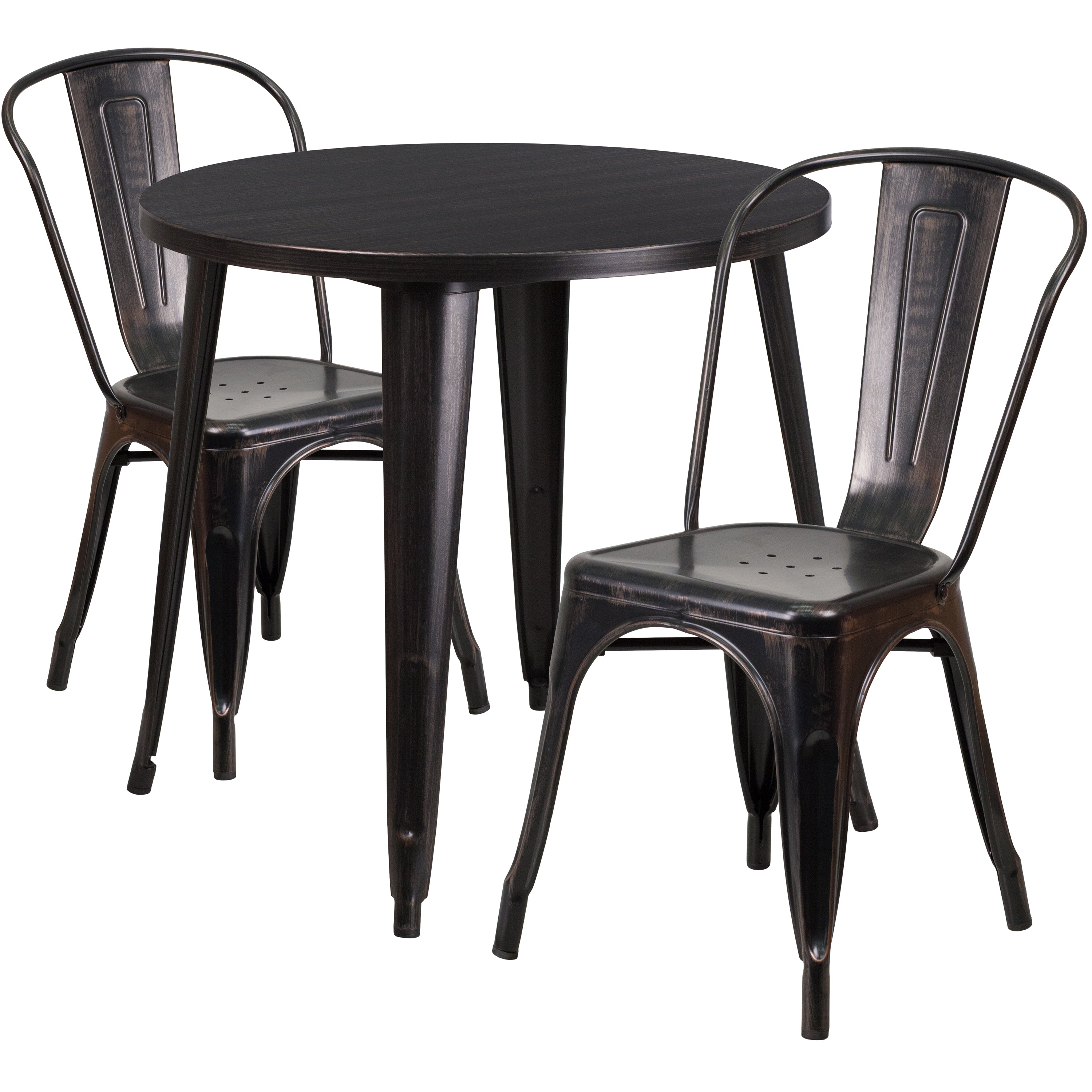 Baker Commercial Grade 30" Round Black-Antique Gold Metal Indoor-Outdoor Table Set with 2 Cafe Chairs