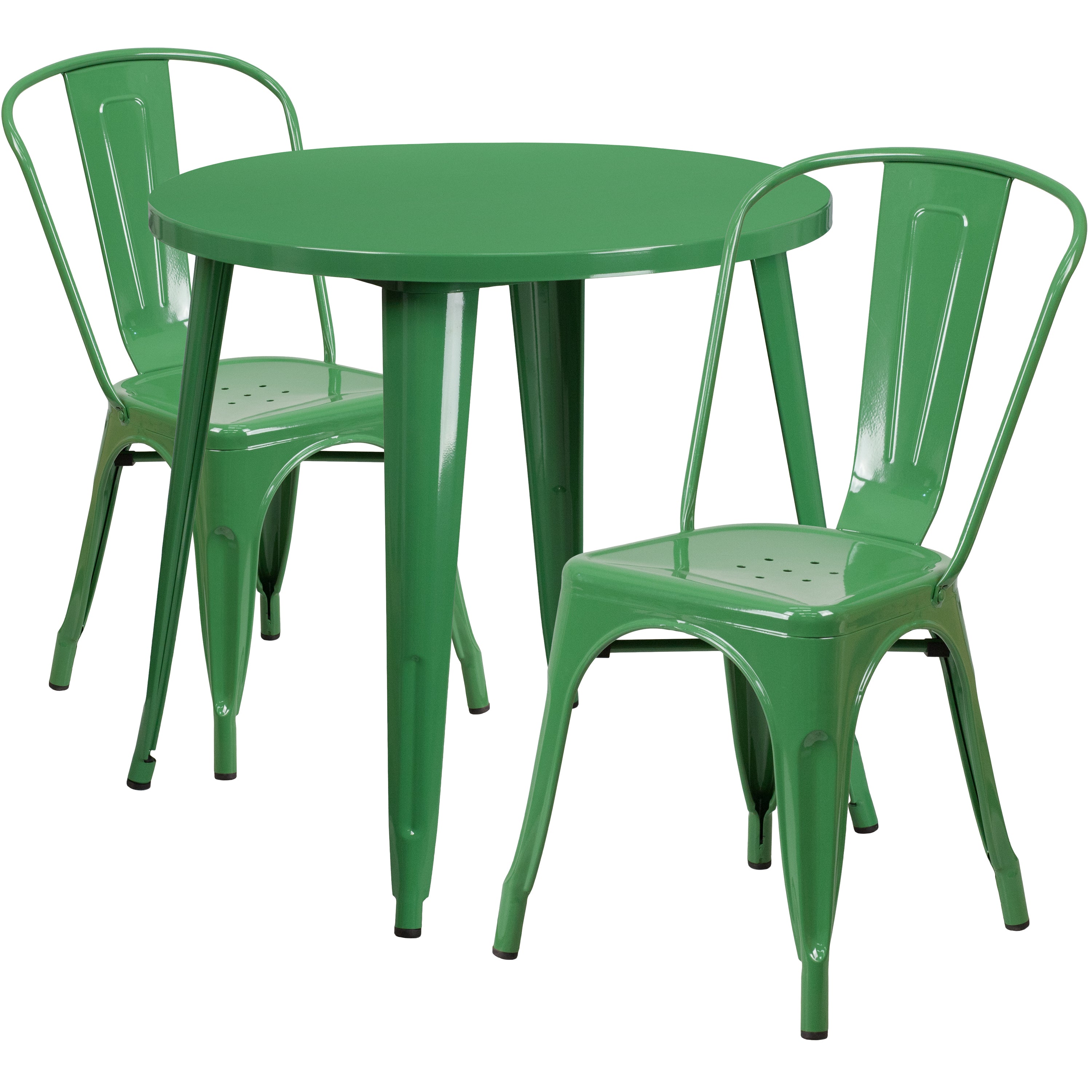 Baker Commercial Grade 30" Round Green Metal Indoor-Outdoor Table Set with 2 Cafe Chairs