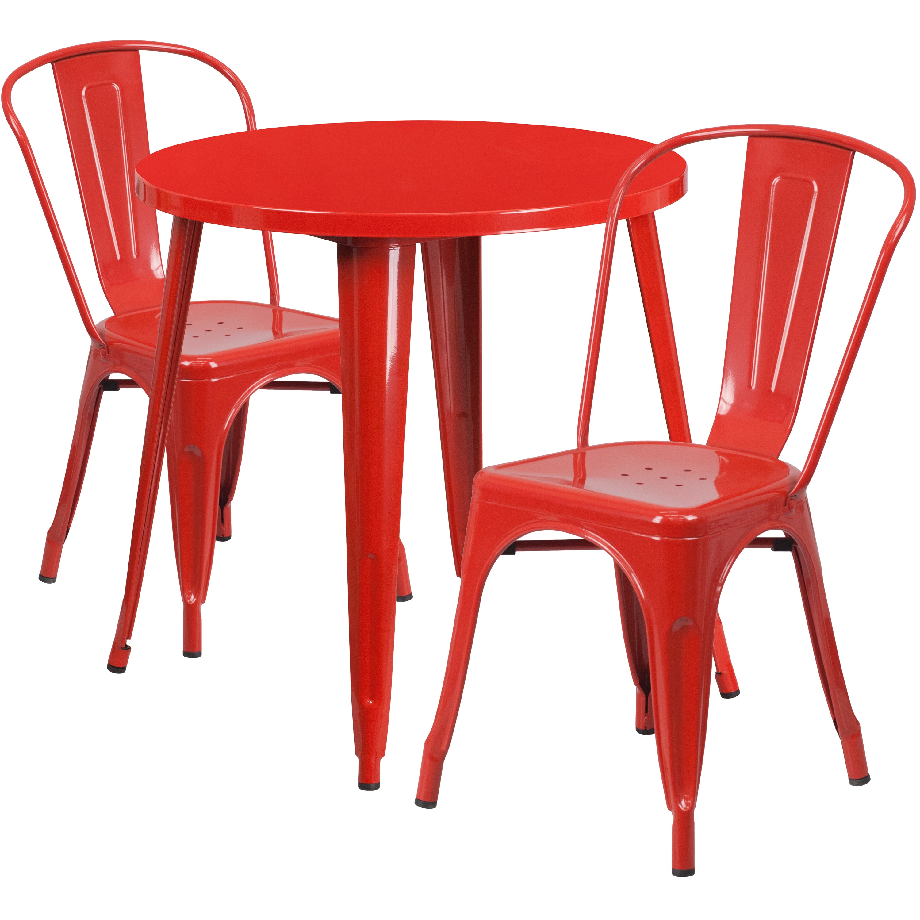 Baker Commercial Grade 30" Round Red Metal Indoor-Outdoor Table Set with 2 Cafe Chairs