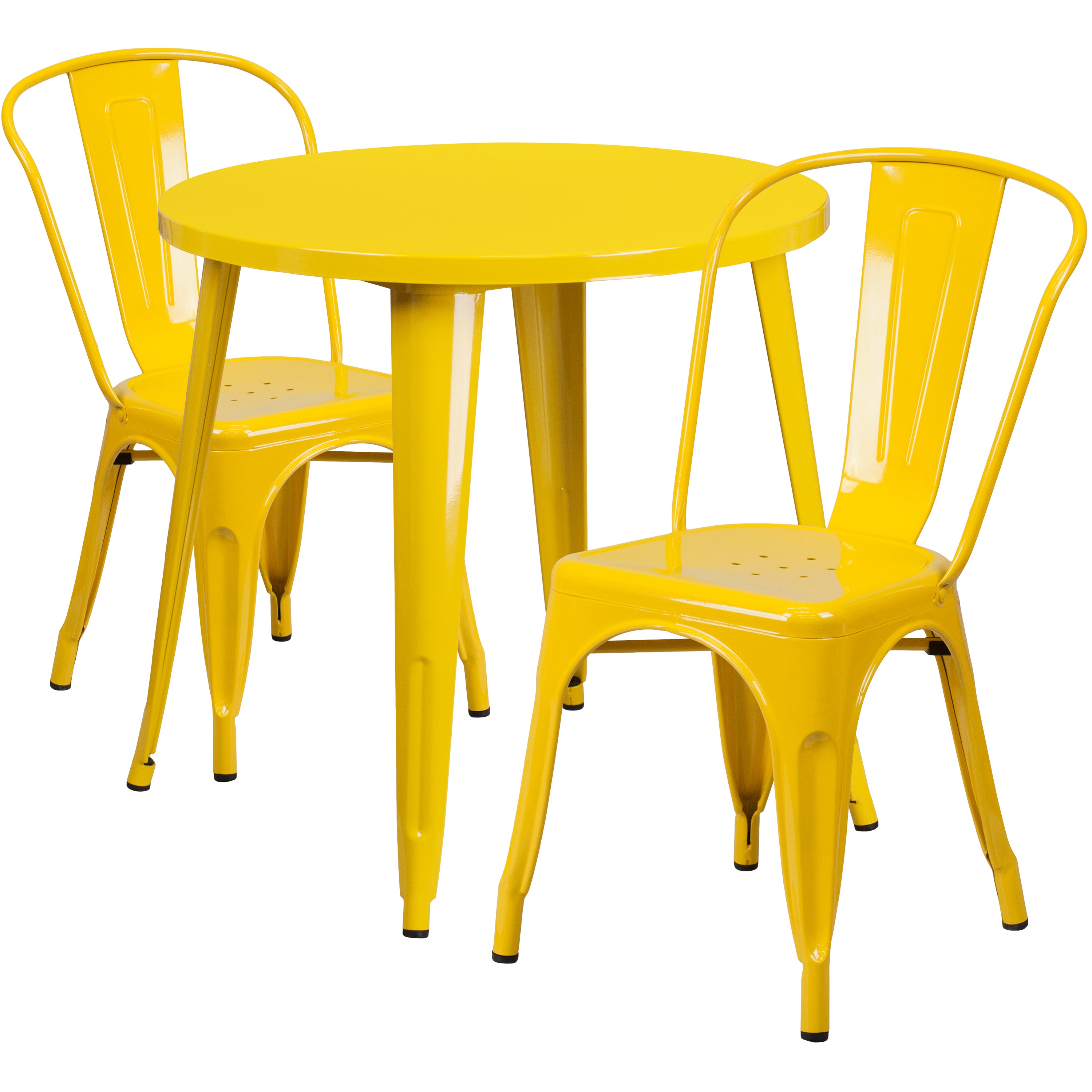 Baker Commercial Grade 30" Round Yellow Metal Indoor-Outdoor Table Set with 2 Cafe Chairs