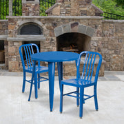Craig Commercial Grade 30" Round Blue Metal Indoor-Outdoor Table Set with 2 Vertical Slat Back Chairs