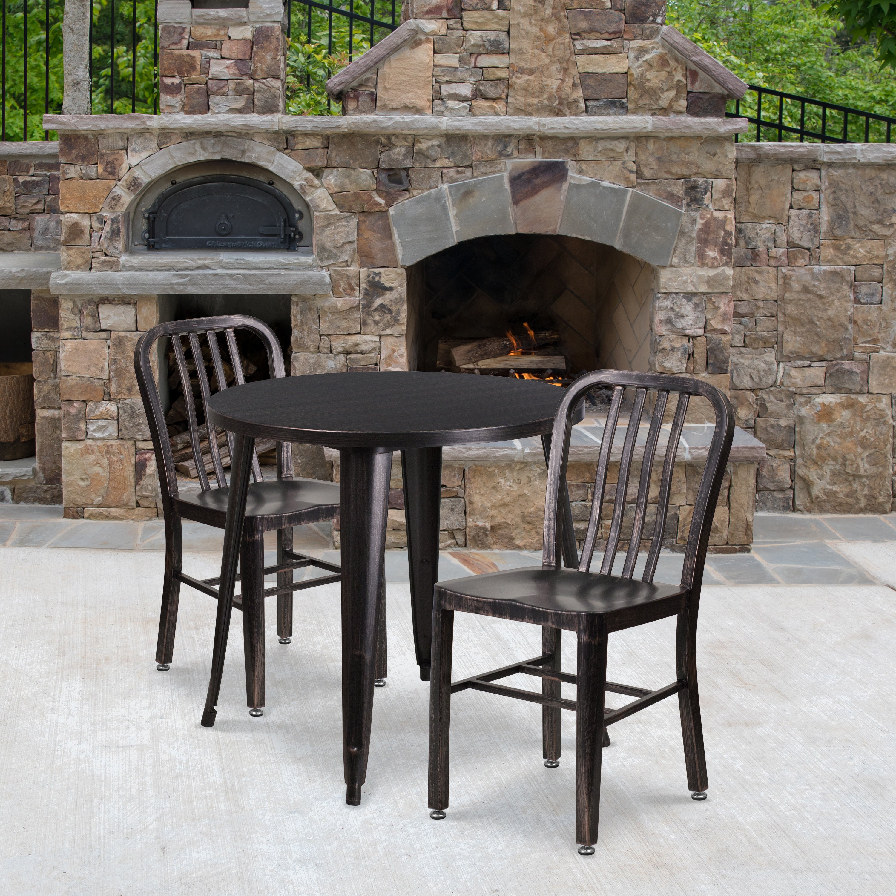 Craig Commercial Grade 30" Round Black-Antique Gold Metal Indoor-Outdoor Table Set with 2 Vertical Slat Back Chairs