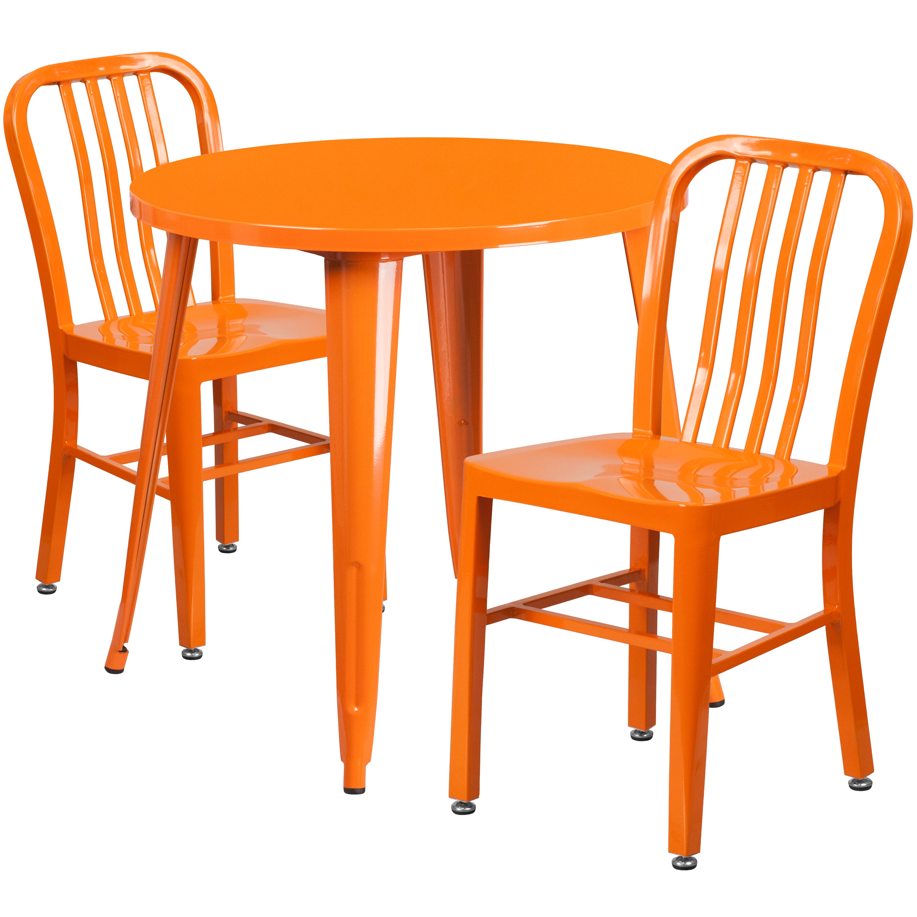 Craig Commercial Grade 30" Round Orange Metal Indoor-Outdoor Table Set with 2 Vertical Slat Back Chairs