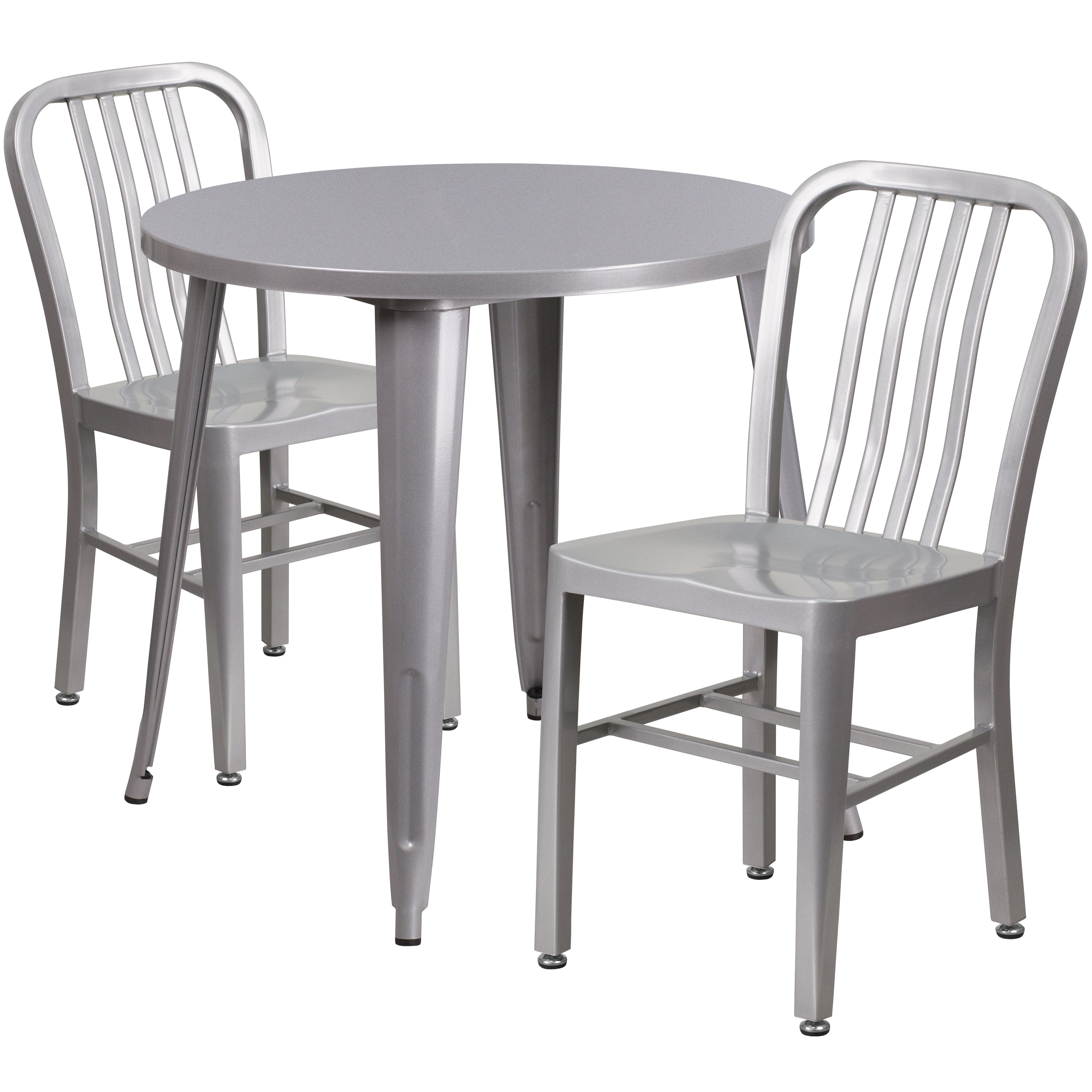 Craig Commercial Grade 30" Round Silver Metal Indoor-Outdoor Table Set with 2 Vertical Slat Back Chairs