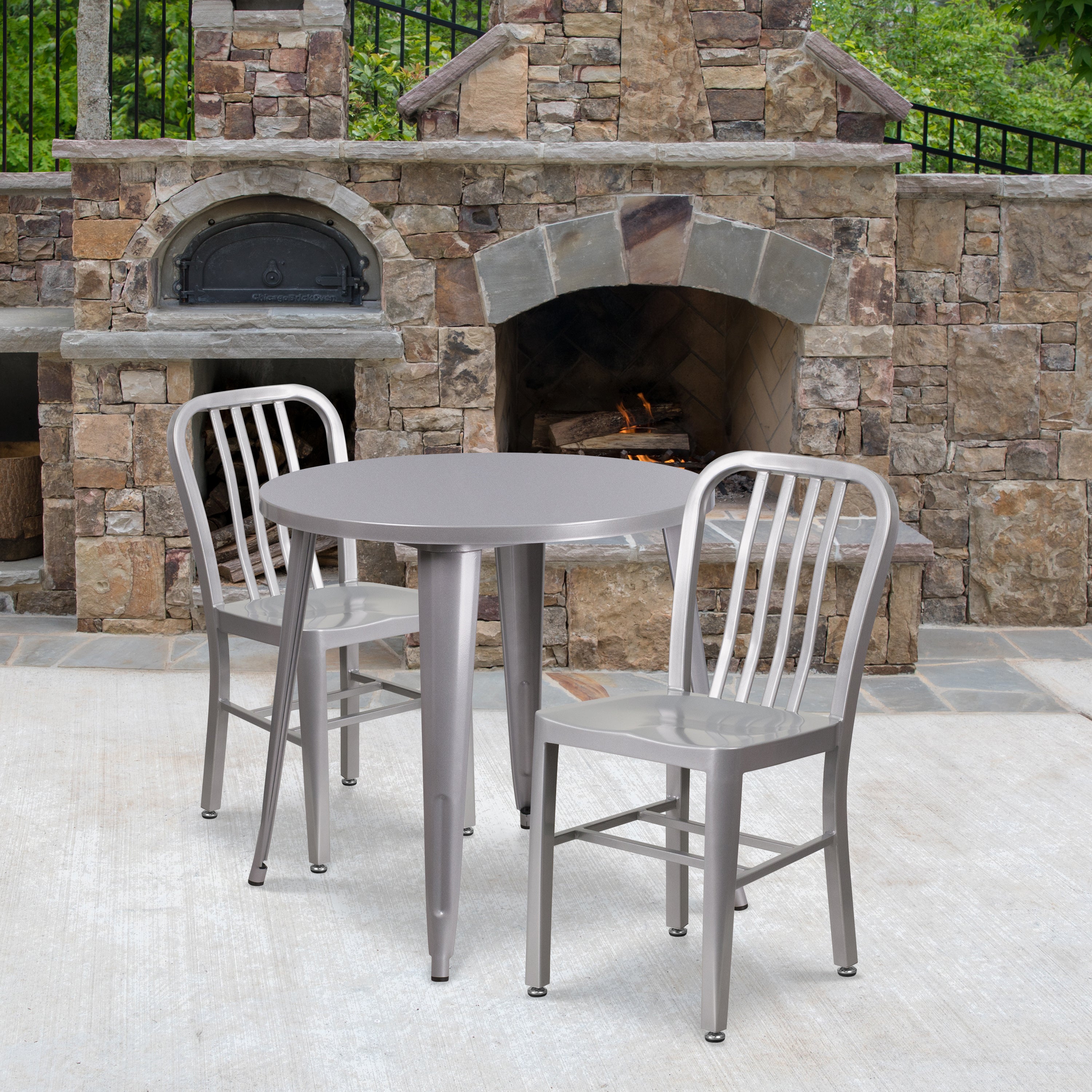 Craig Commercial Grade 30" Round Silver Metal Indoor-Outdoor Table Set with 2 Vertical Slat Back Chairs
