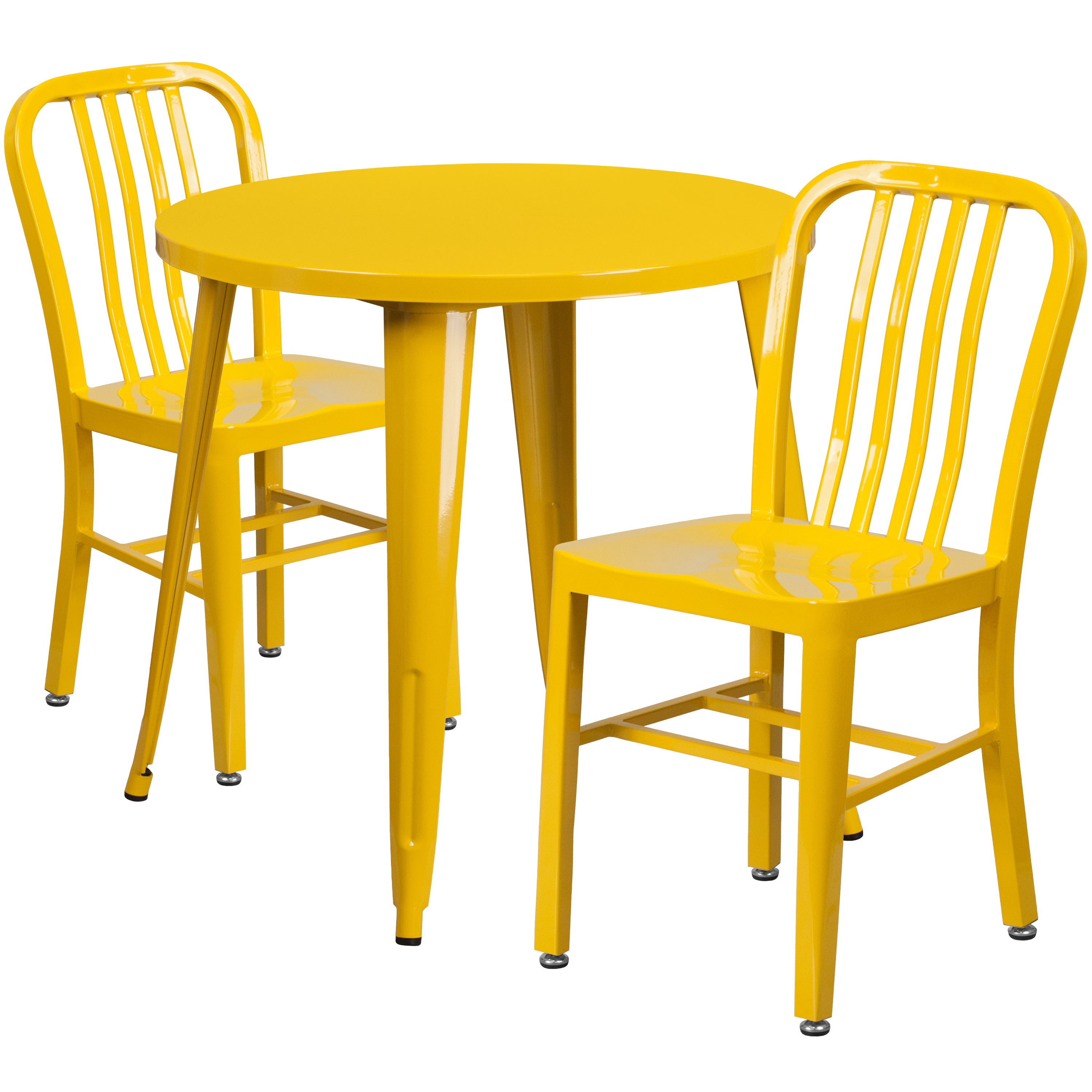 Craig Commercial Grade 30" Round Yellow Metal Indoor-Outdoor Table Set with 2 Vertical Slat Back Chairs