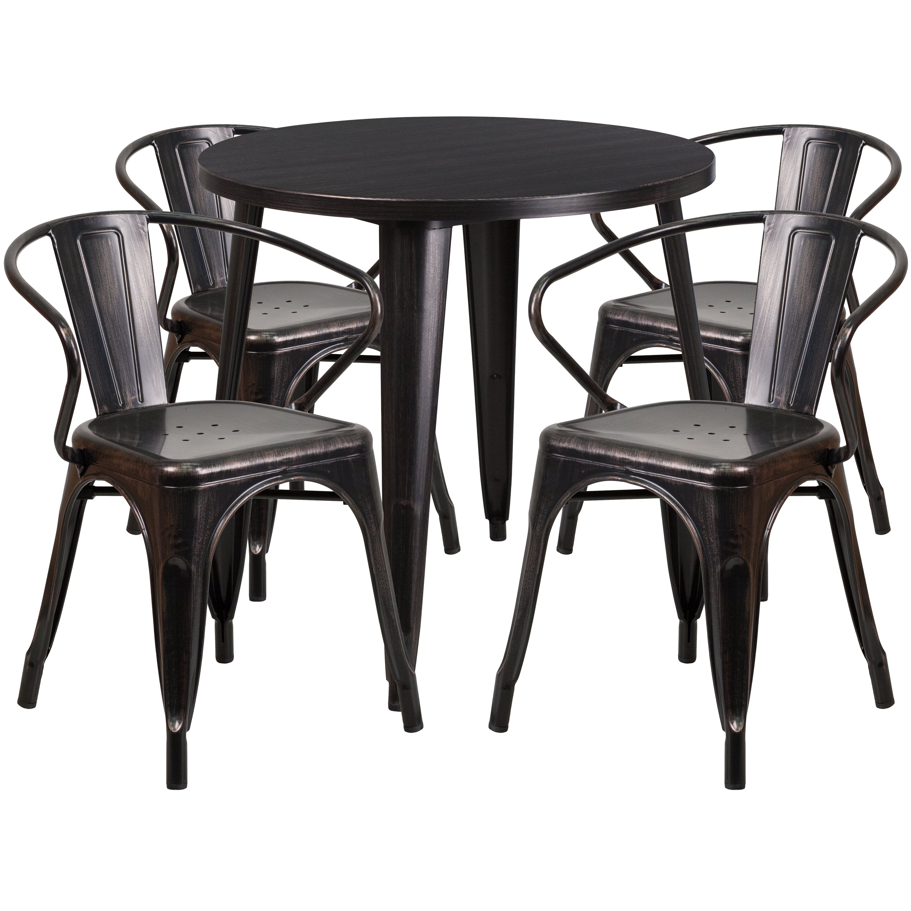 Cory Commercial Grade 30" Round Black-Antique Gold Metal Indoor-Outdoor Table Set with 4 Arm Chairs