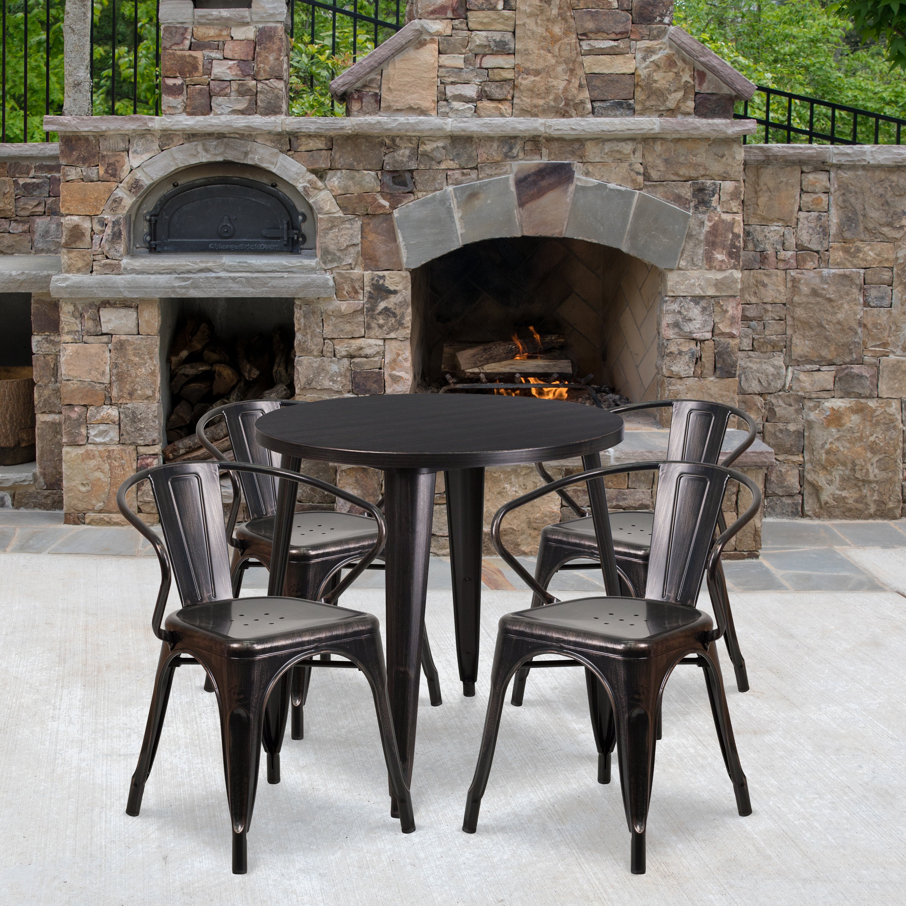 Cory Commercial Grade 30" Round Black-Antique Gold Metal Indoor-Outdoor Table Set with 4 Arm Chairs