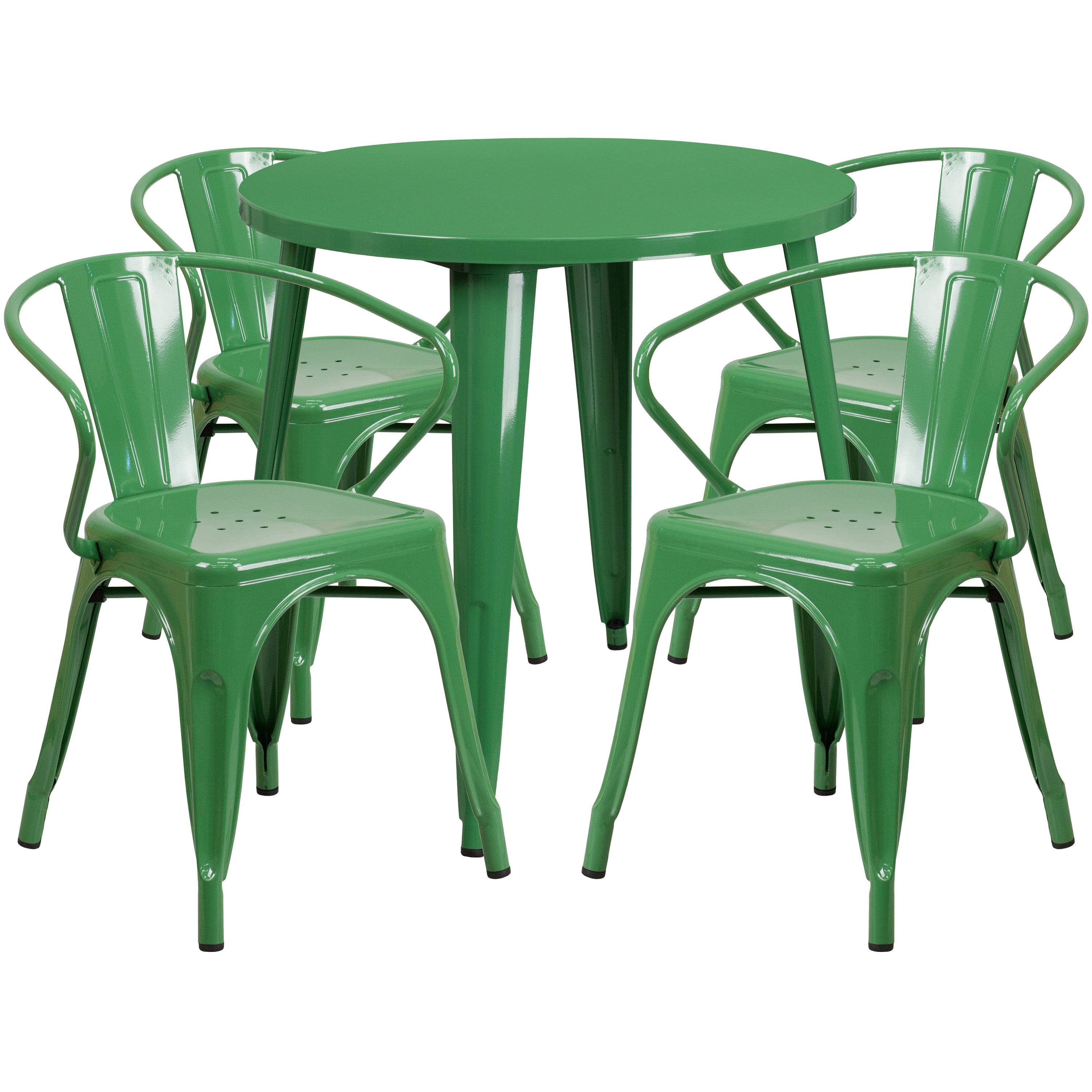 Cory Commercial Grade 30" Round Green Metal Indoor-Outdoor Table Set with 4 Arm Chairs