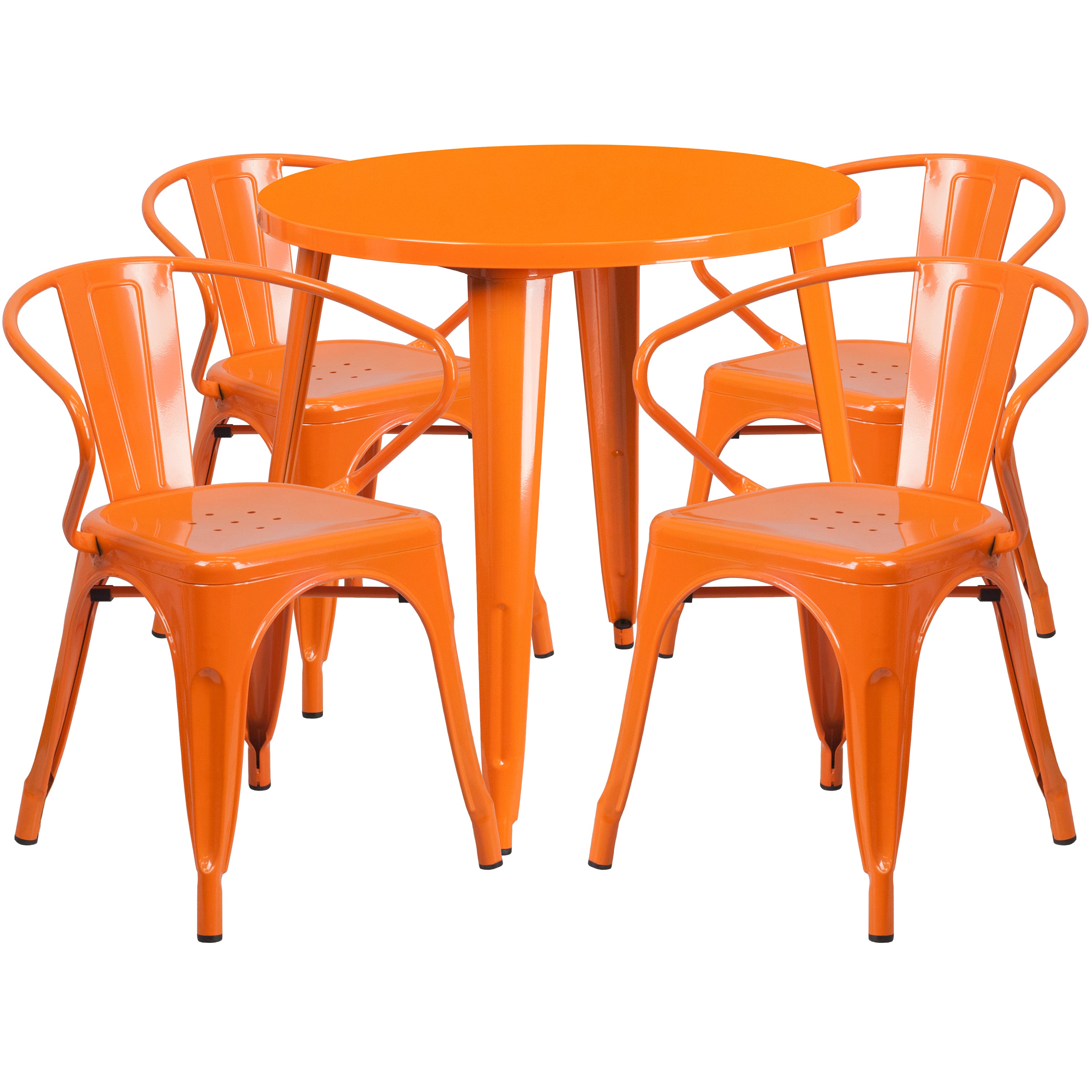Cory Commercial Grade 30" Round Orange Metal Indoor-Outdoor Table Set with 4 Arm Chairs