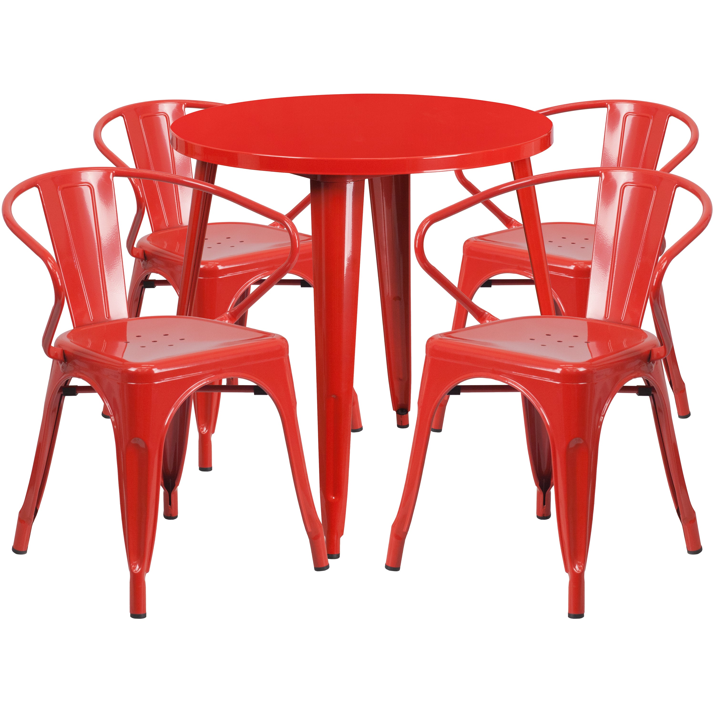 Cory Commercial Grade 30" Round Red Metal Indoor-Outdoor Table Set with 4 Arm Chairs