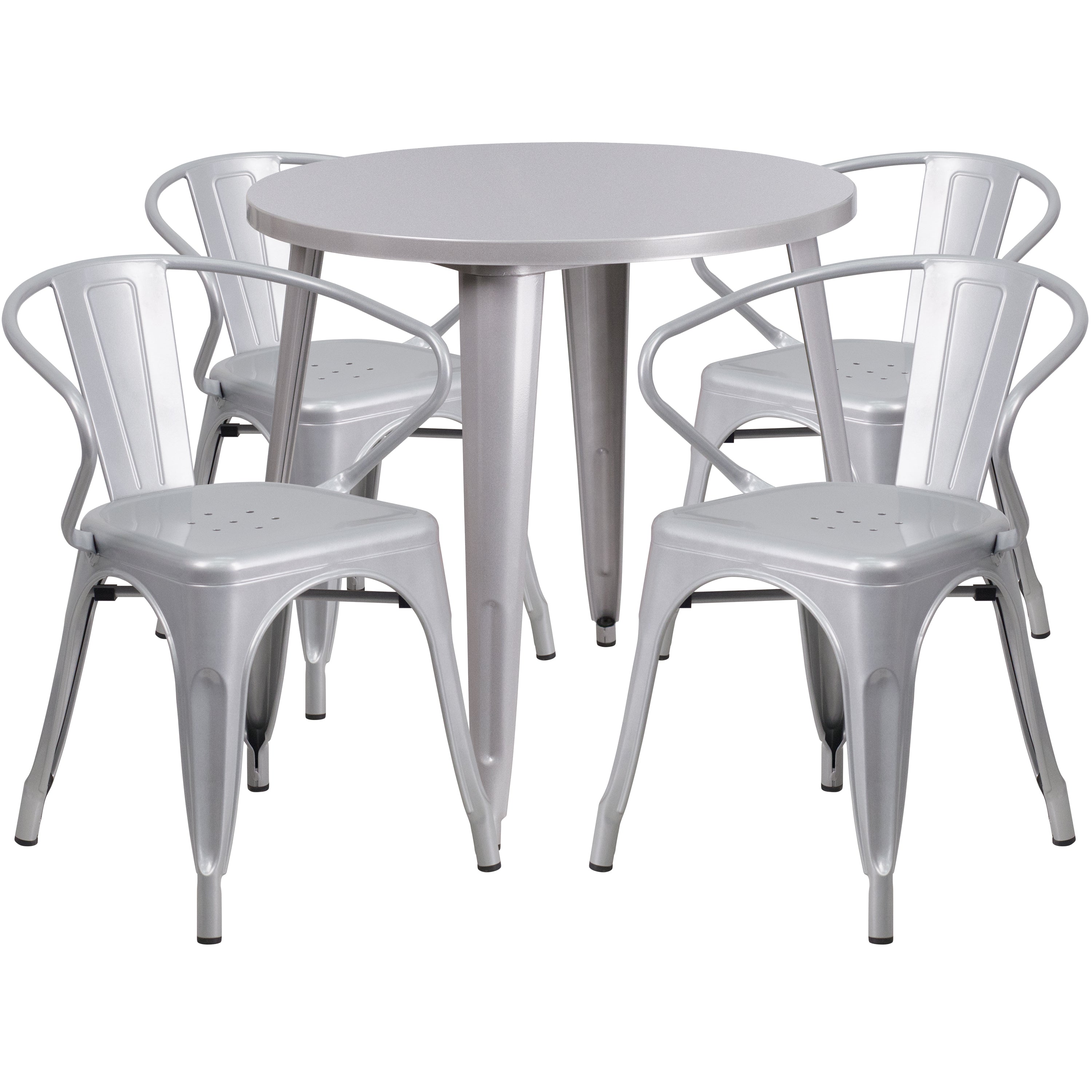 Cory Commercial Grade 30" Round Silver Metal Indoor-Outdoor Table Set with 4 Arm Chairs