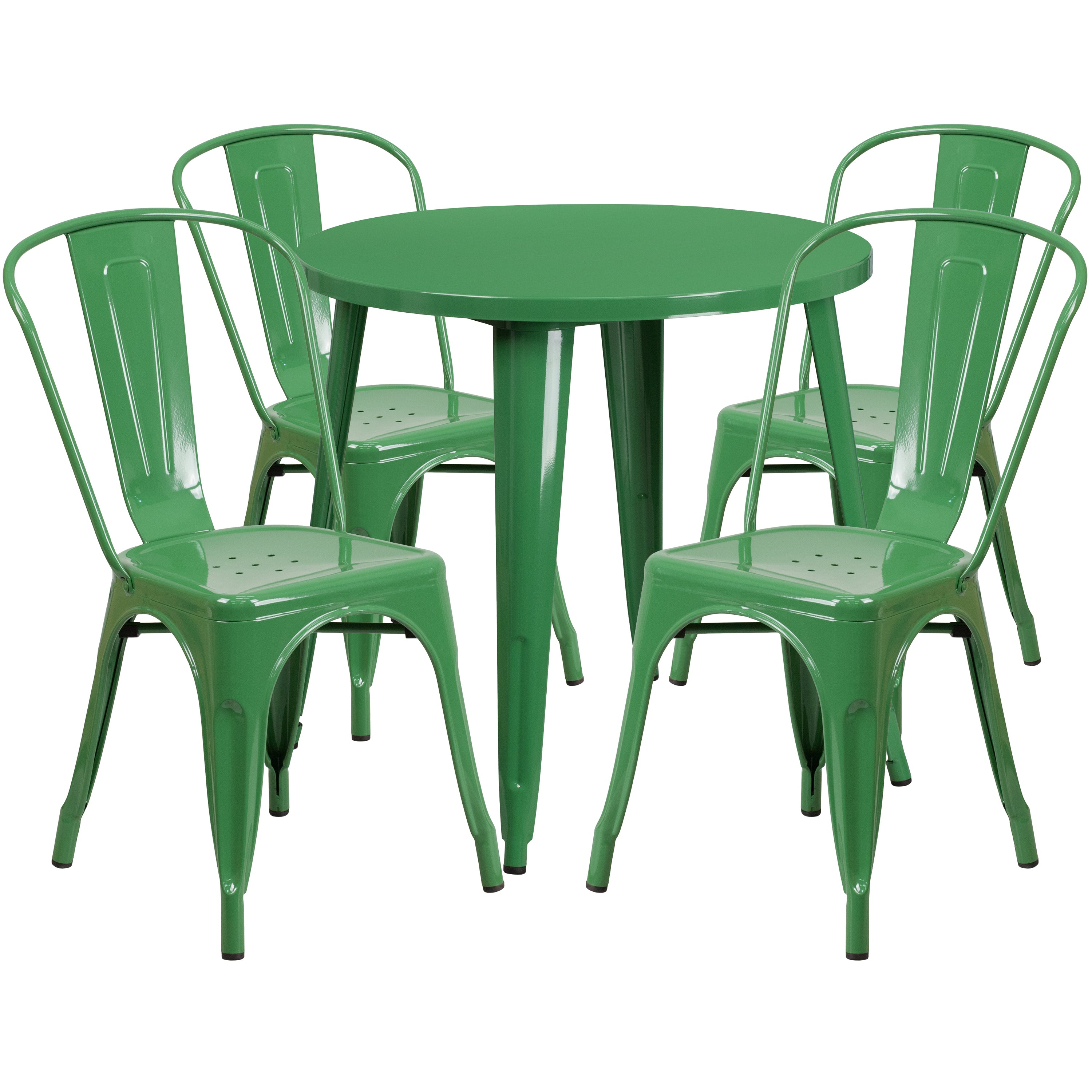 Dalton Commercial Grade 30" Round Green Metal Indoor-Outdoor Table Set with 4 Cafe Chairs