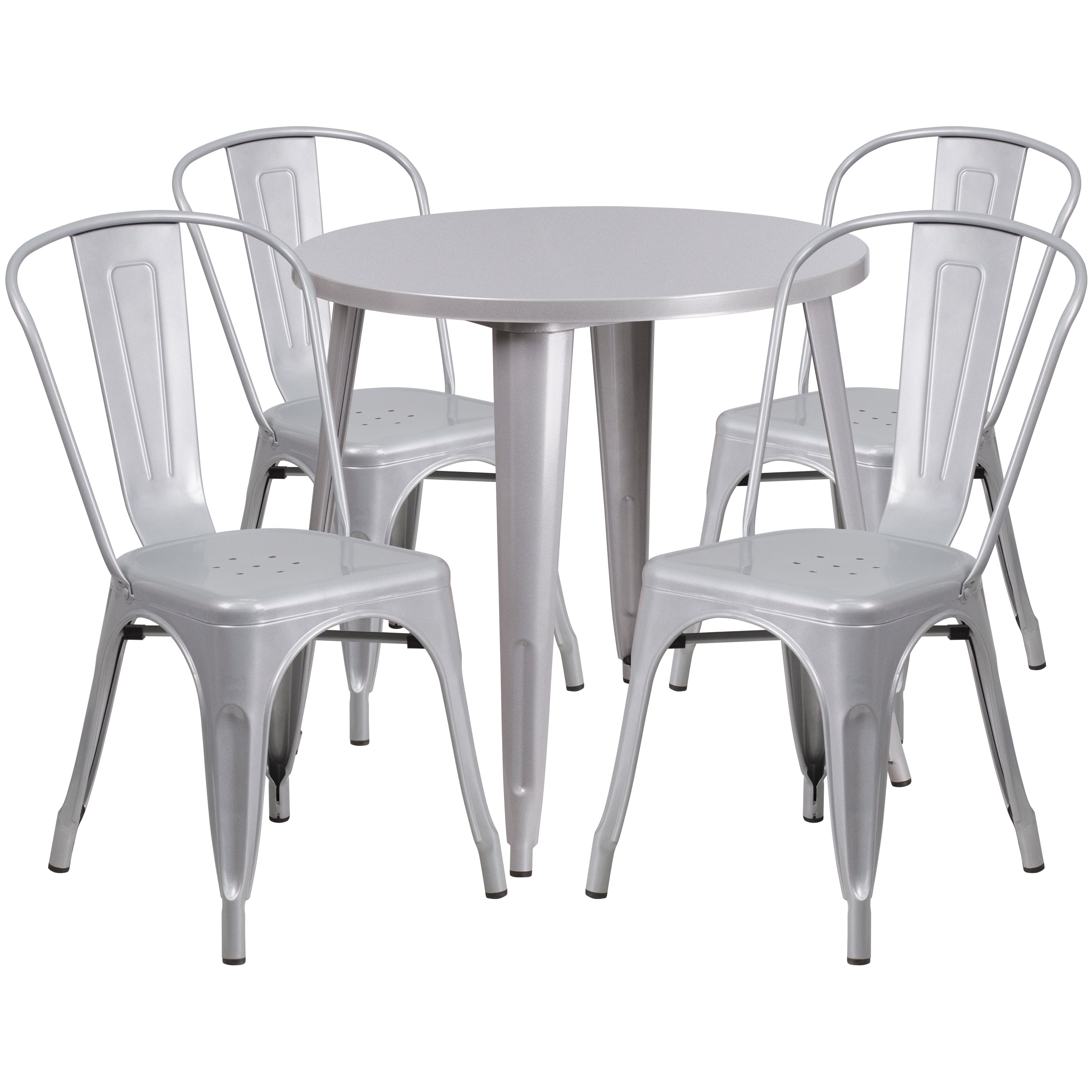 Dalton Commercial Grade 30" Round Silver Metal Indoor-Outdoor Table Set with 4 Cafe Chairs