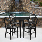Chad Commercial Grade 30" Round Black Metal Indoor-Outdoor Table Set with 4 Vertical Slat Back Chairs