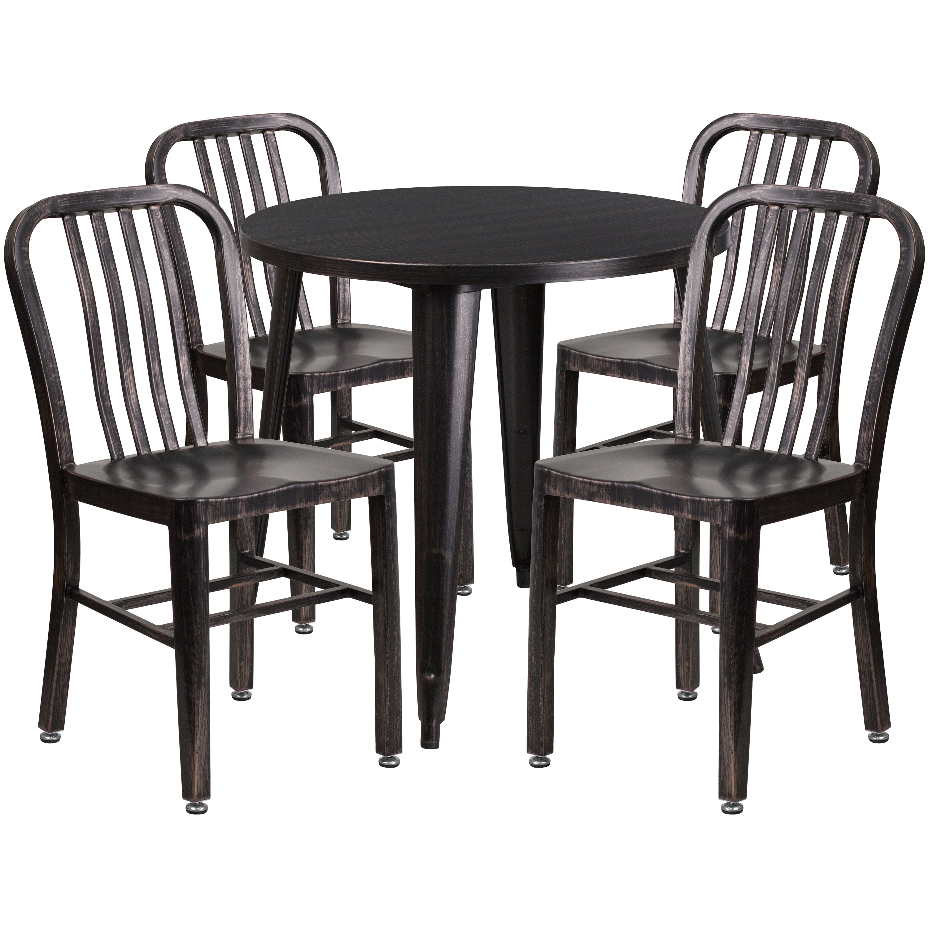 Chad Commercial Grade 30" Round Black-Antique Gold Metal Indoor-Outdoor Table Set with 4 Vertical Slat Back Chairs
