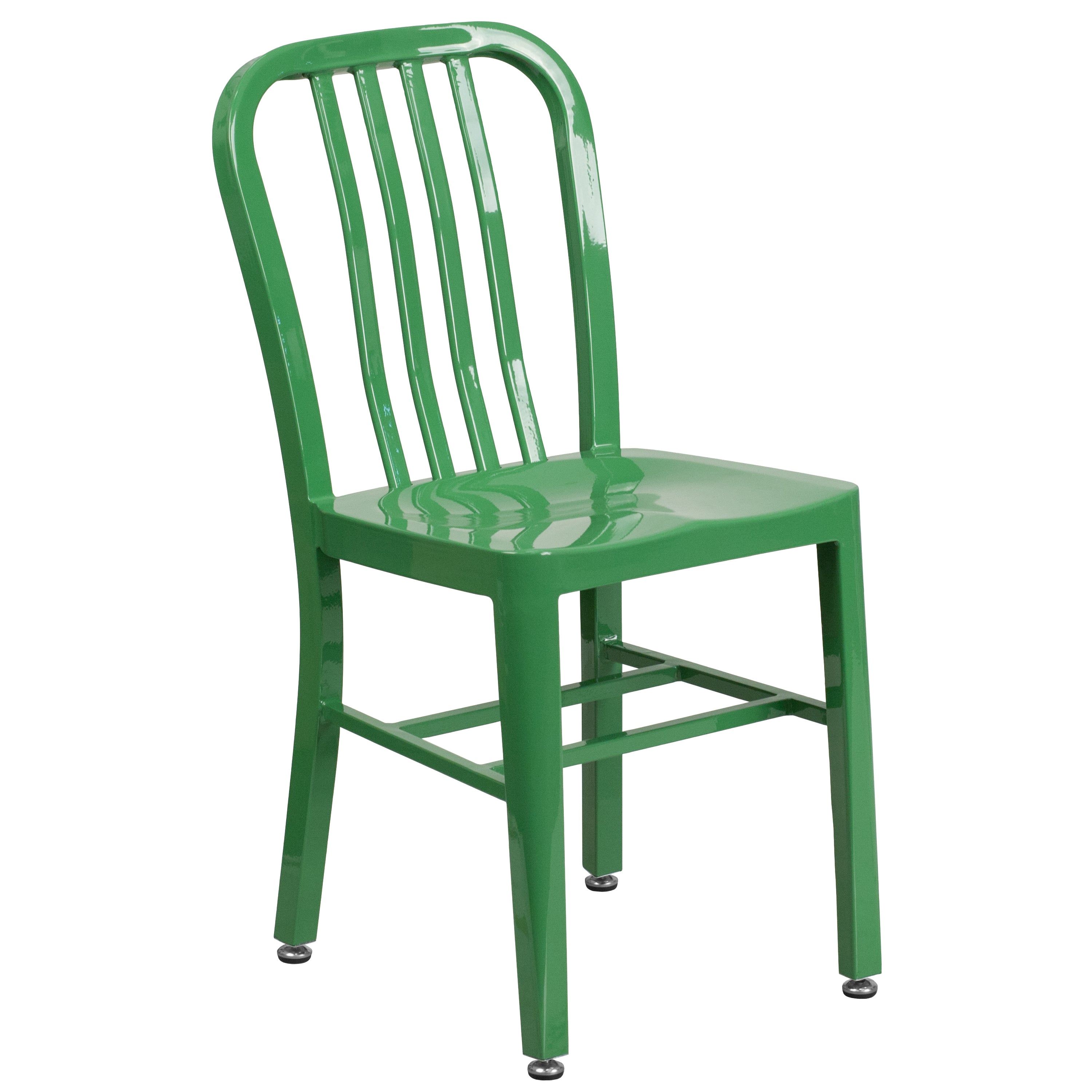 Chad Commercial Grade 30" Round Green Metal Indoor-Outdoor Table Set with 4 Vertical Slat Back Chairs