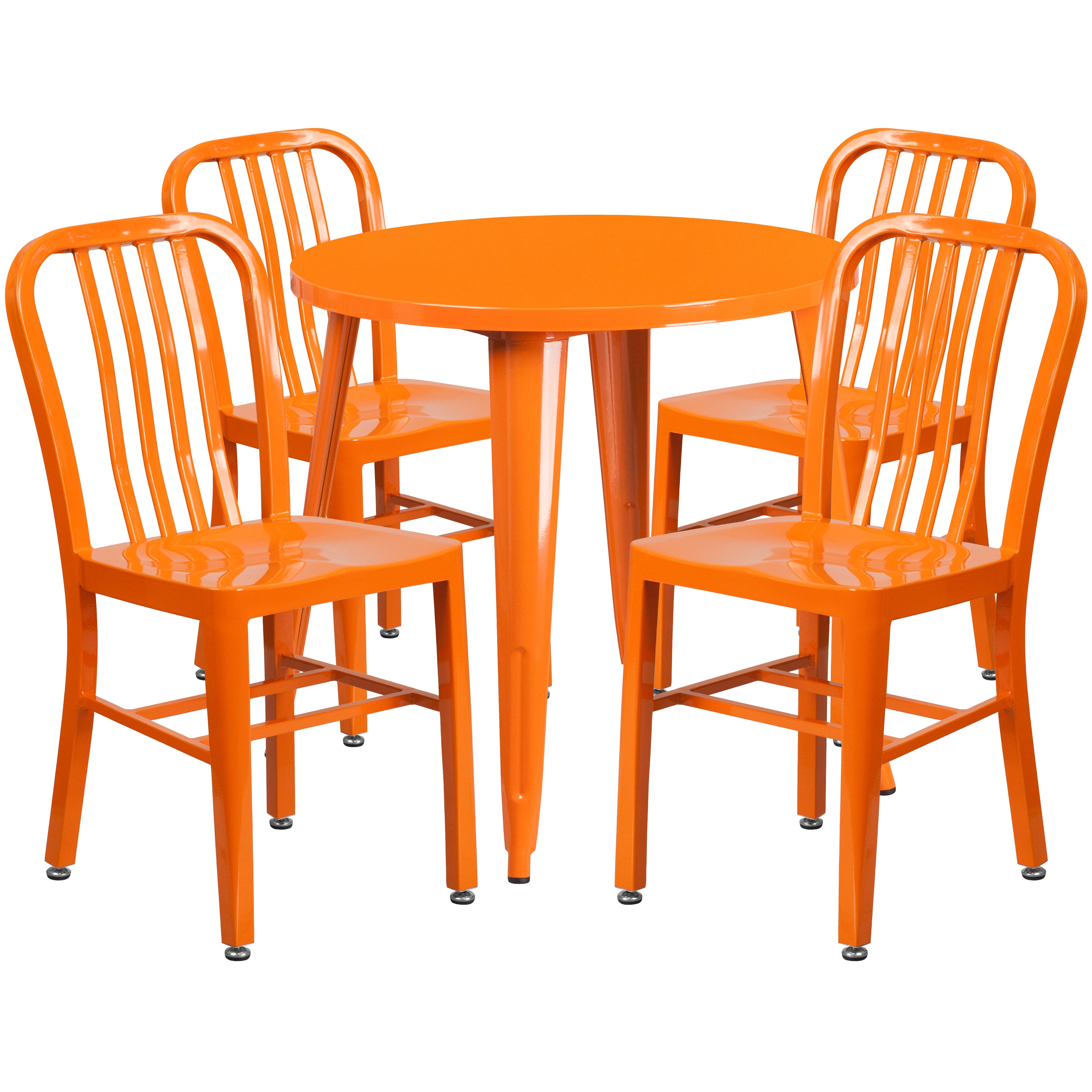 Chad Commercial Grade 30" Round Orange Metal Indoor-Outdoor Table Set with 4 Vertical Slat Back Chairs