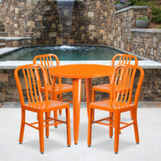 Chad Commercial Grade 30" Round Orange Metal Indoor-Outdoor Table Set with 4 Vertical Slat Back Chairs