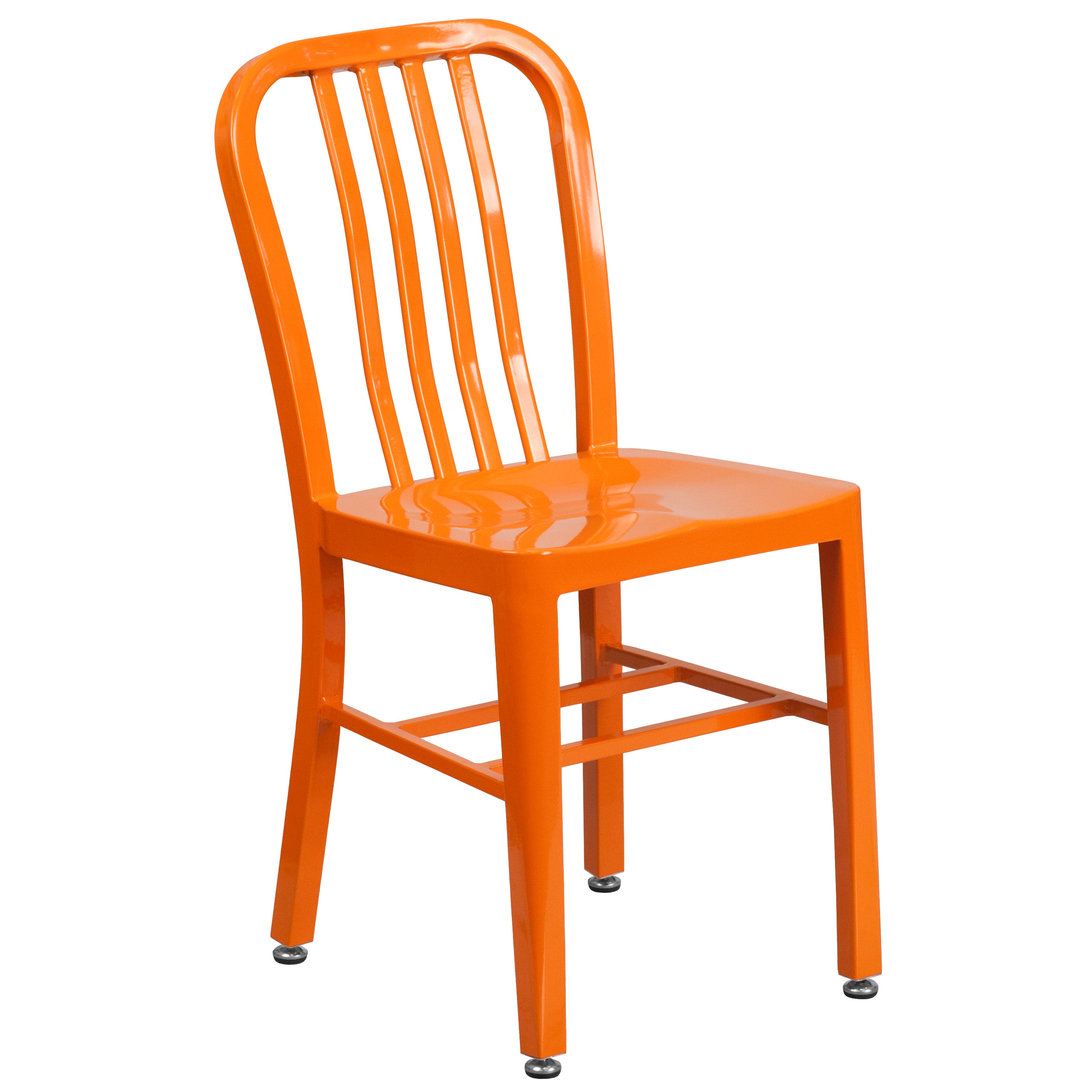 Chad Commercial Grade 30" Round Orange Metal Indoor-Outdoor Table Set with 4 Vertical Slat Back Chairs