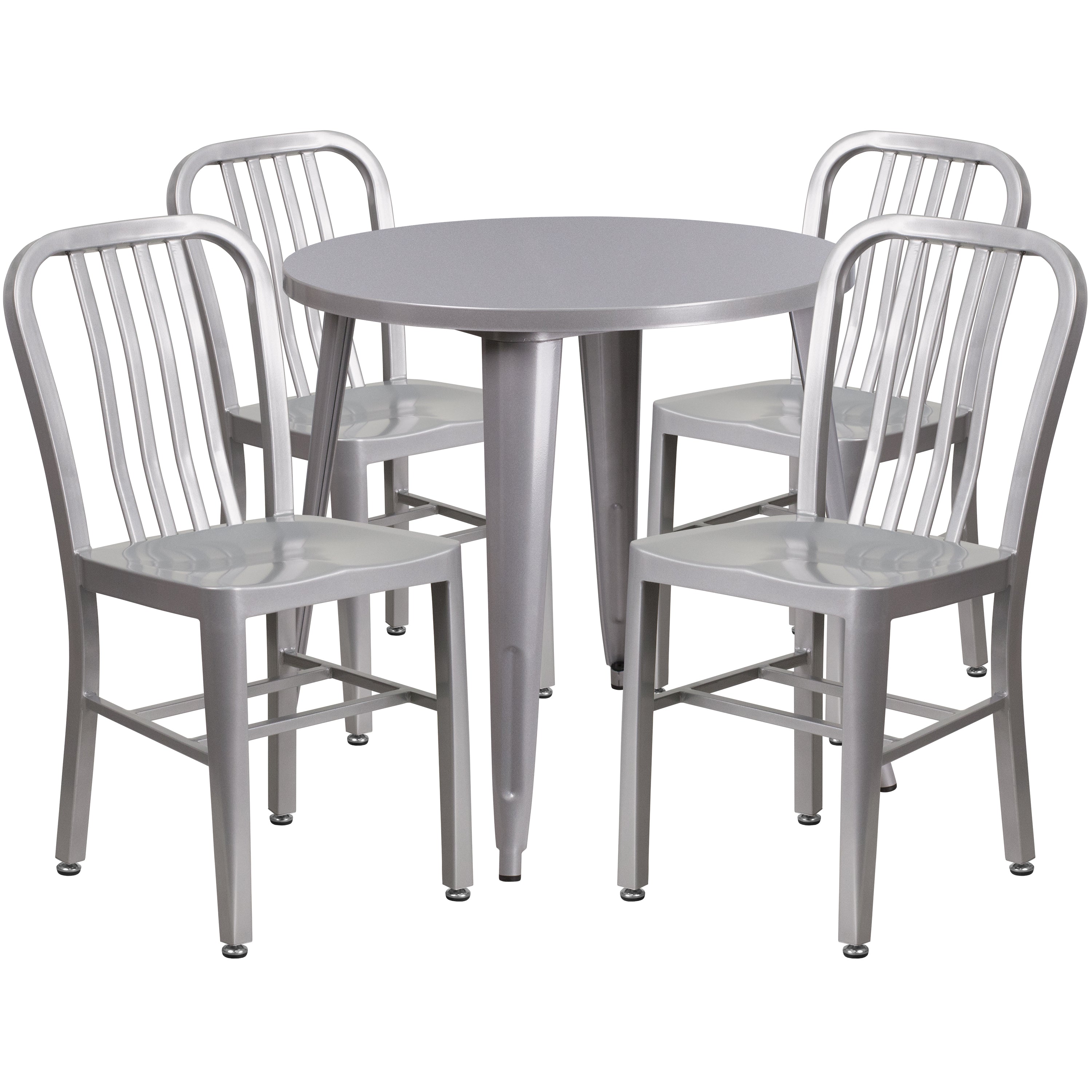 Chad Commercial Grade 30" Round Silver Metal Indoor-Outdoor Table Set with 4 Vertical Slat Back Chairs