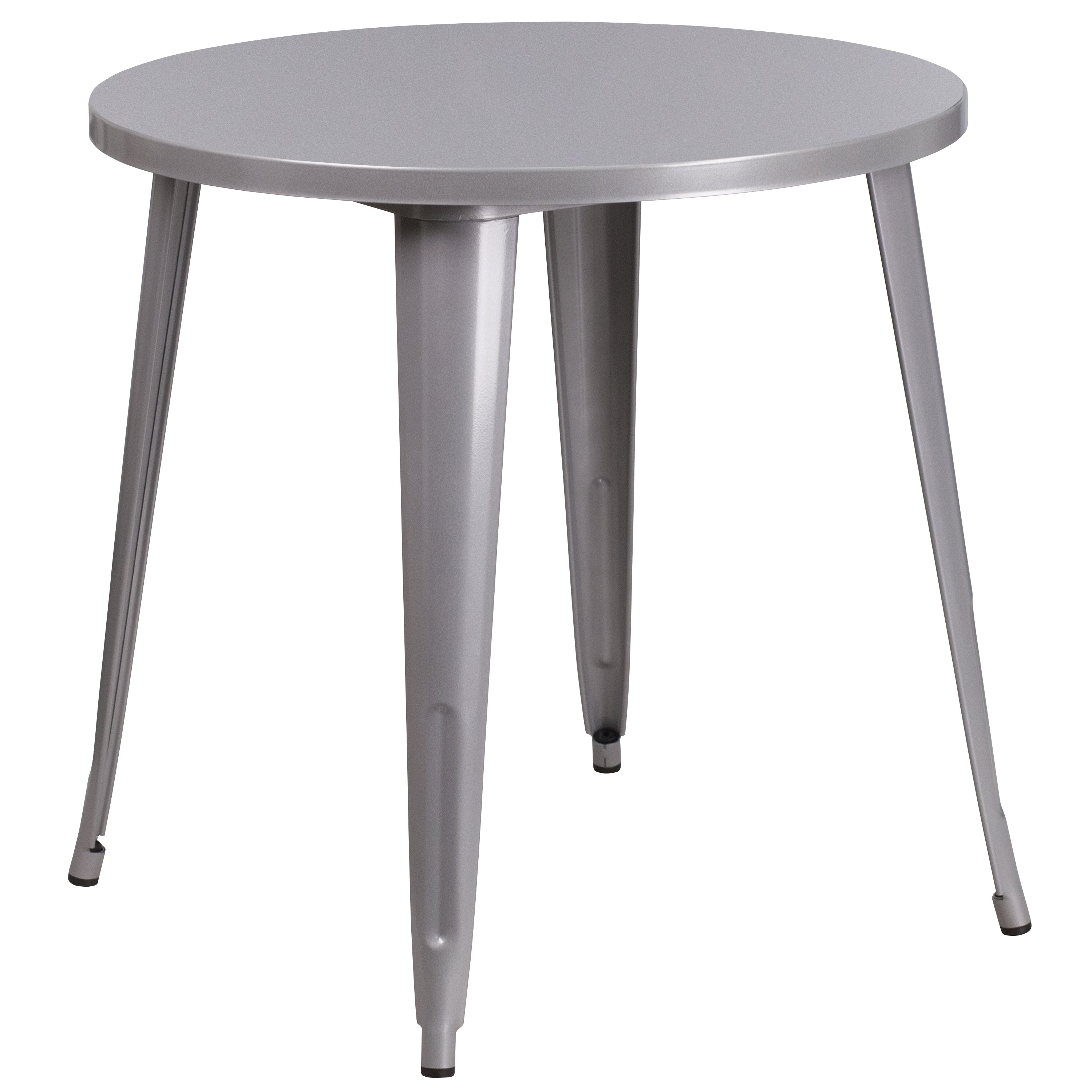 Chad Commercial Grade 30" Round Silver Metal Indoor-Outdoor Table Set with 4 Vertical Slat Back Chairs