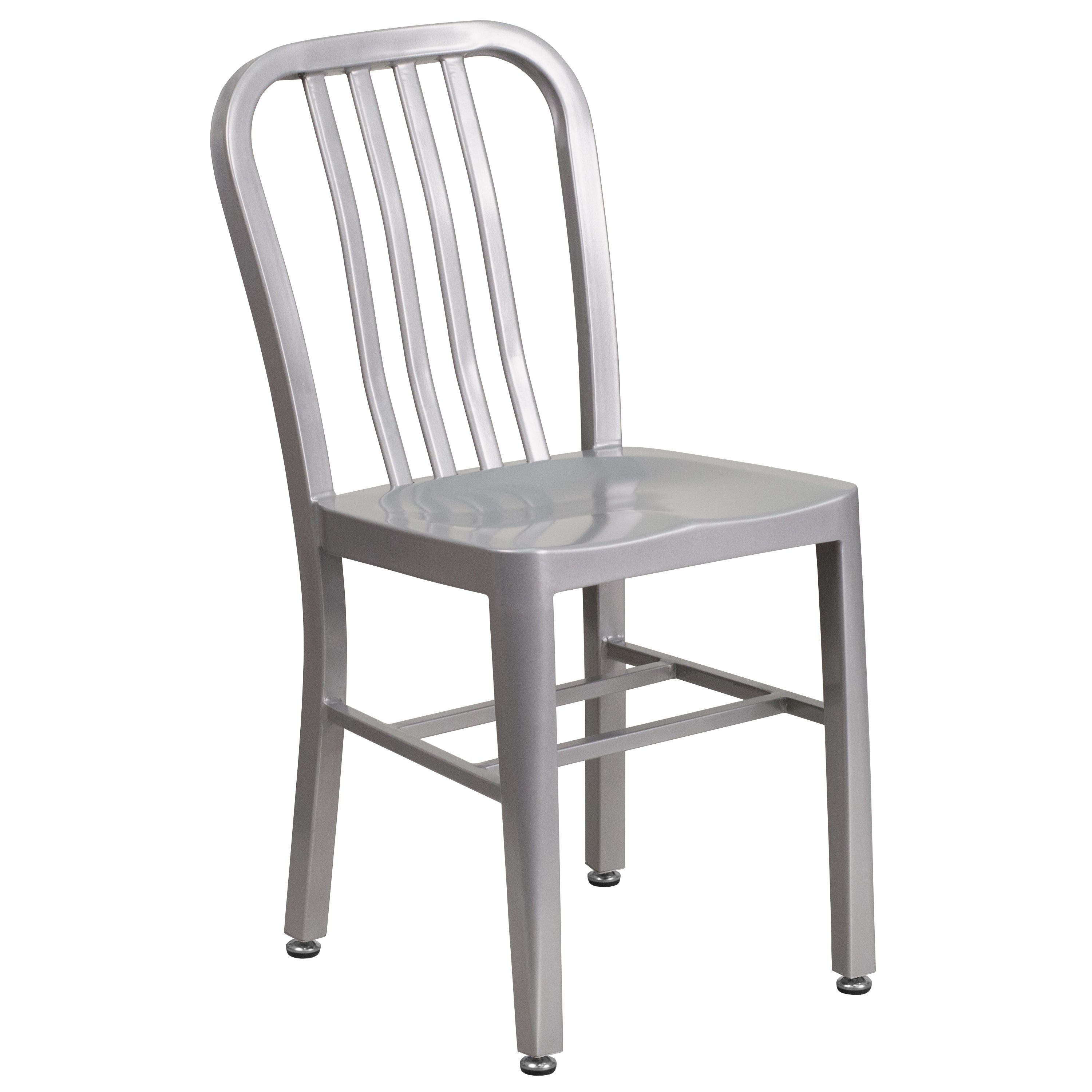 Chad Commercial Grade 30" Round Silver Metal Indoor-Outdoor Table Set with 4 Vertical Slat Back Chairs