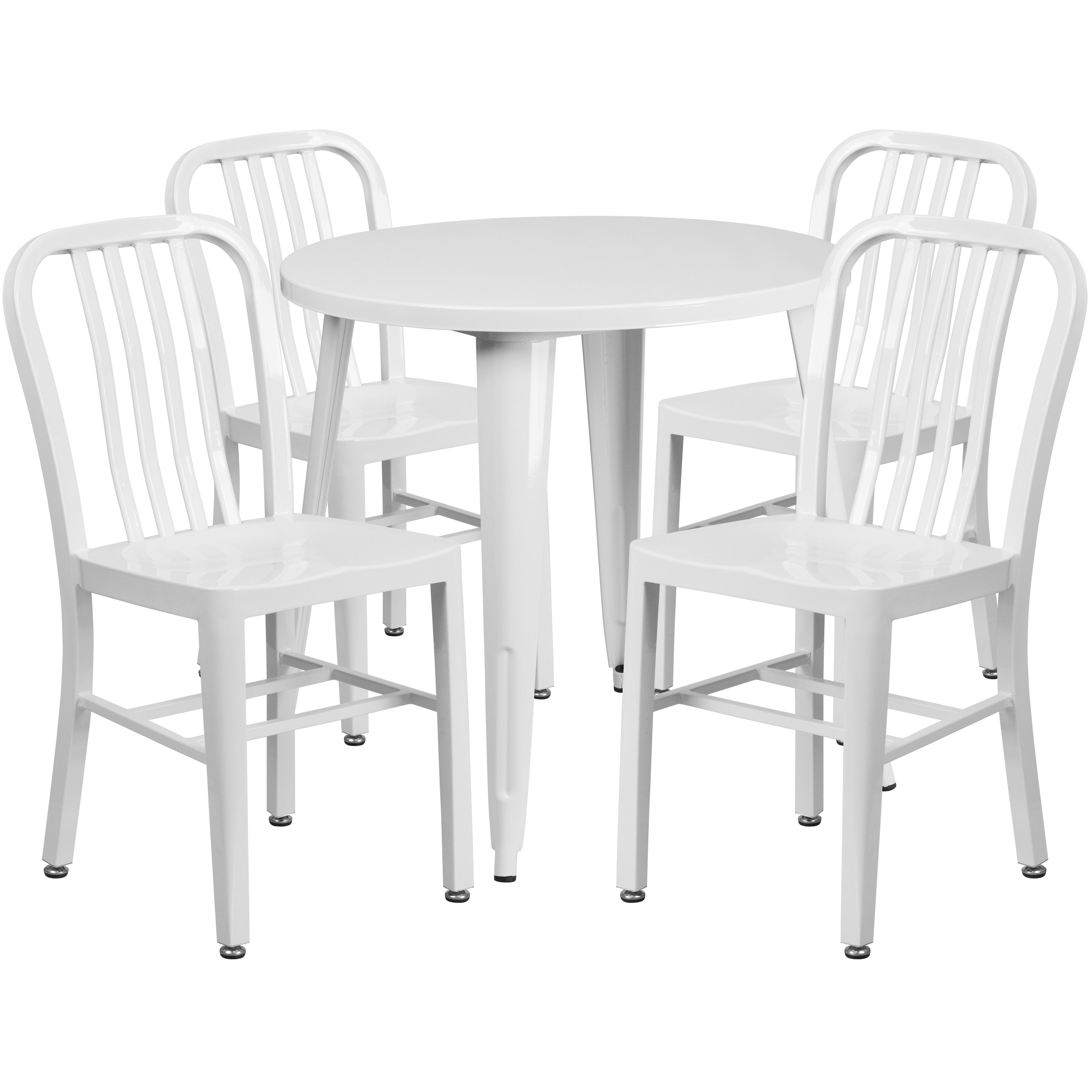 Chad Commercial Grade 30" Round White Metal Indoor-Outdoor Table Set with 4 Vertical Slat Back Chairs