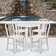 Chad Commercial Grade 30" Round White Metal Indoor-Outdoor Table Set with 4 Vertical Slat Back Chairs