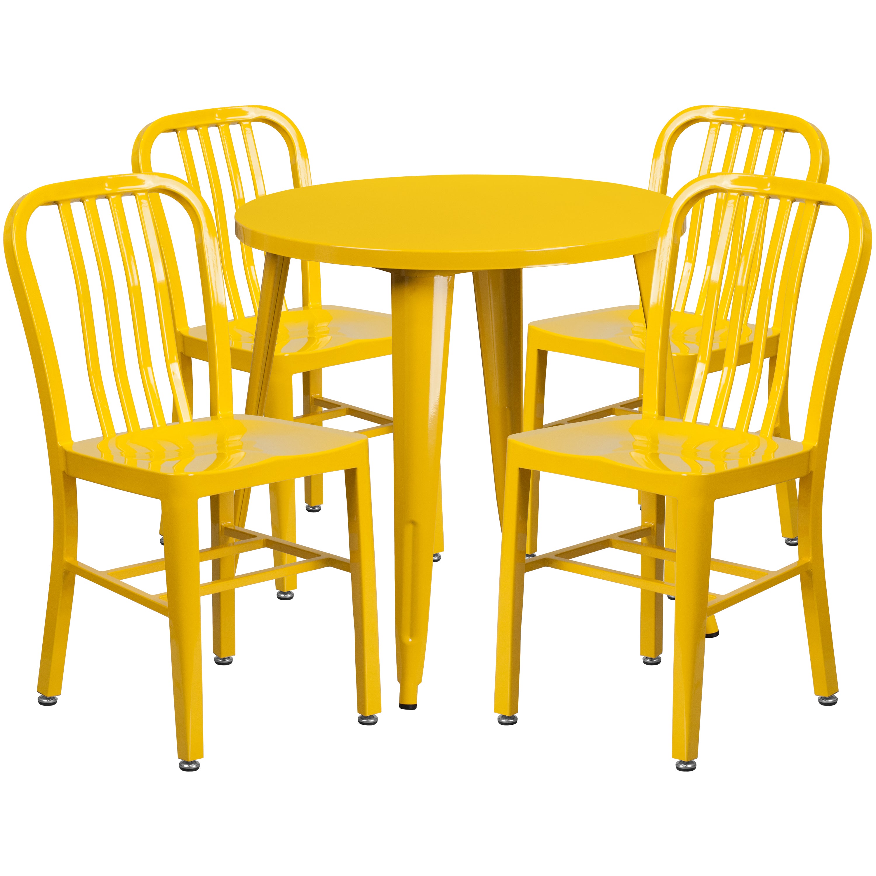 Chad Commercial Grade 30" Round Yellow Metal Indoor-Outdoor Table Set with 4 Vertical Slat Back Chairs