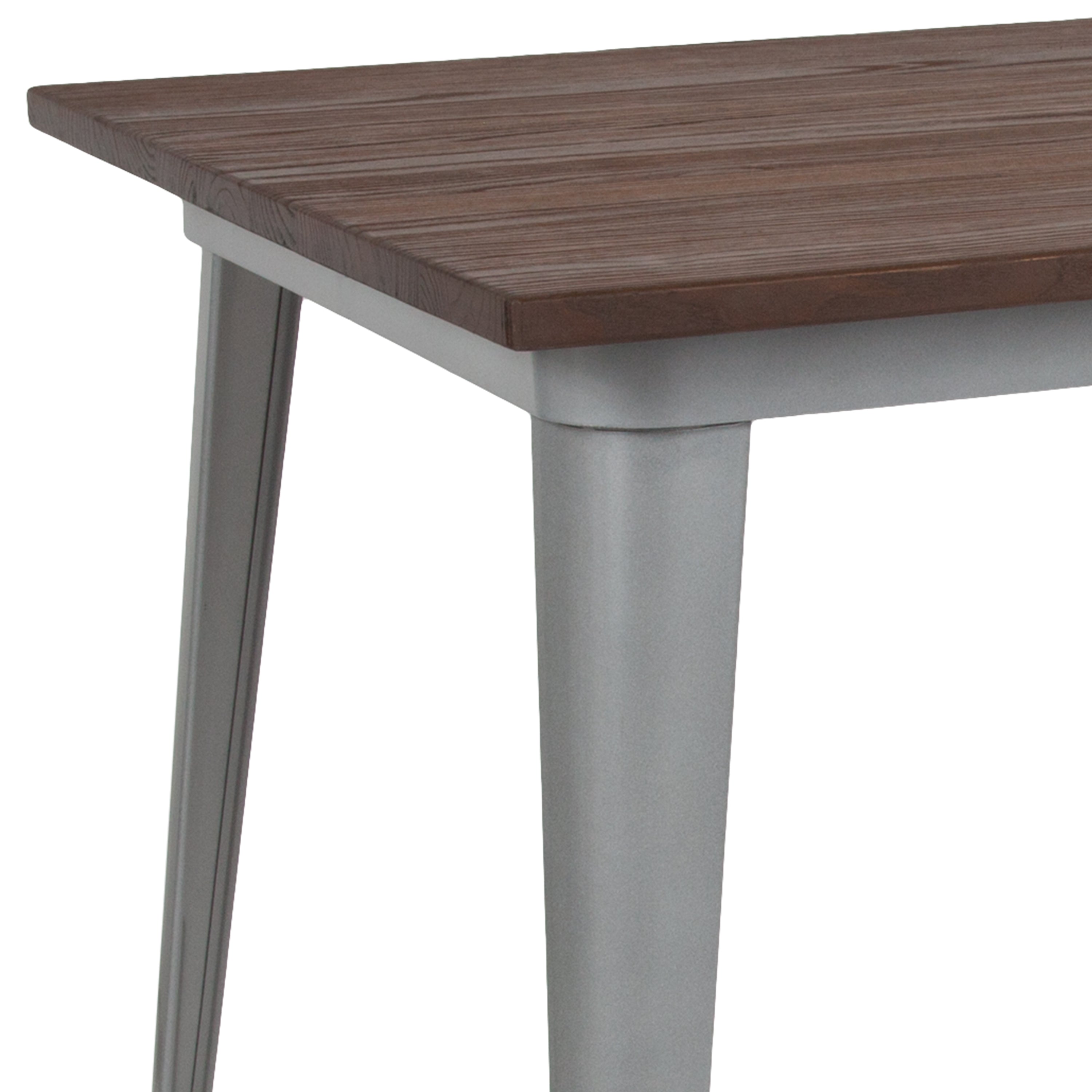 Kenneth 30.25" x 60" Rectangular Silver Metal Indoor Table with Walnut Rustic Wood Top