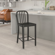 Gael Commercial Grade 24" High Black Metal Indoor-Outdoor Counter Height Stool with Vertical Slat Back