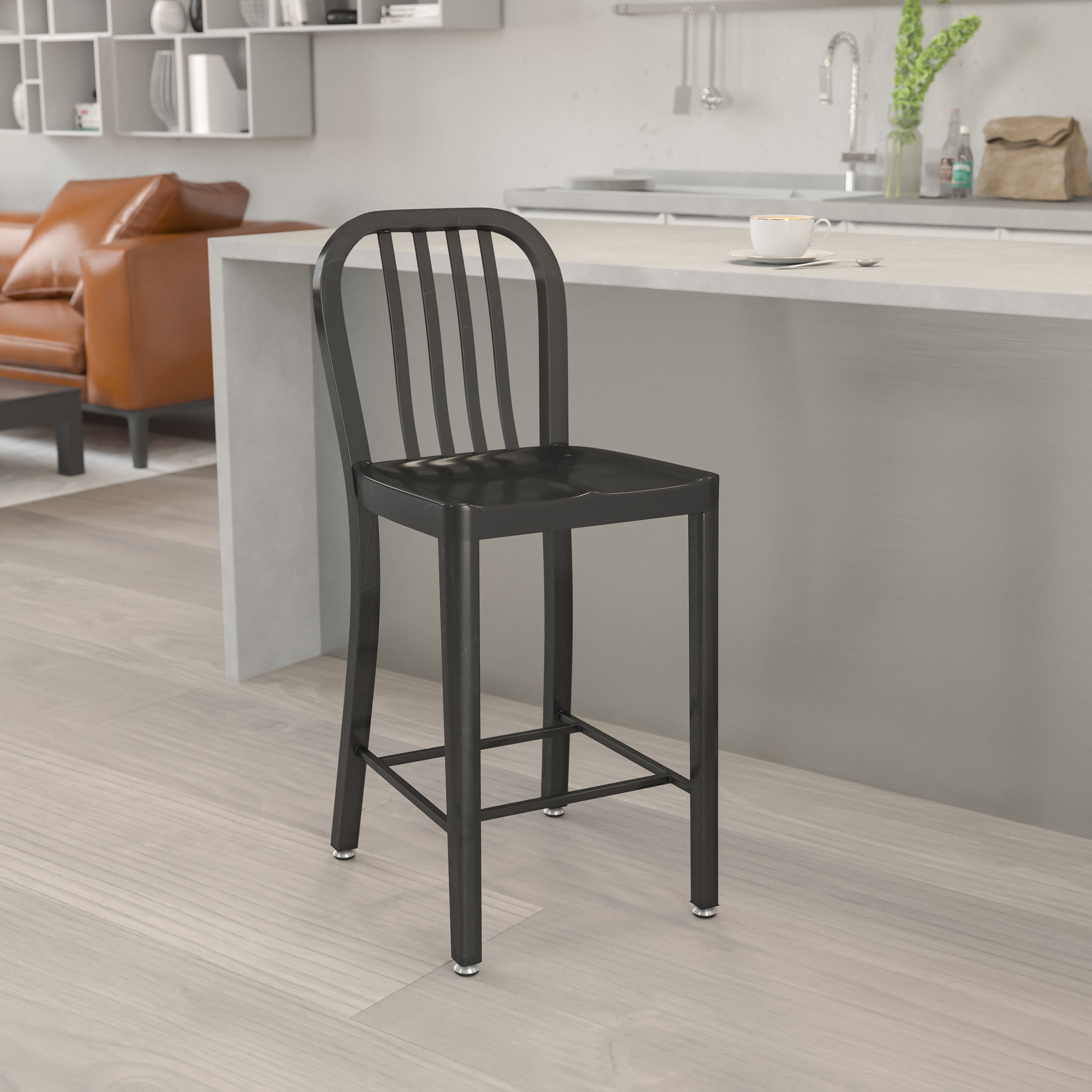 Gael Commercial Grade 24" High Black Metal Indoor-Outdoor Counter Height Stool with Vertical Slat Back