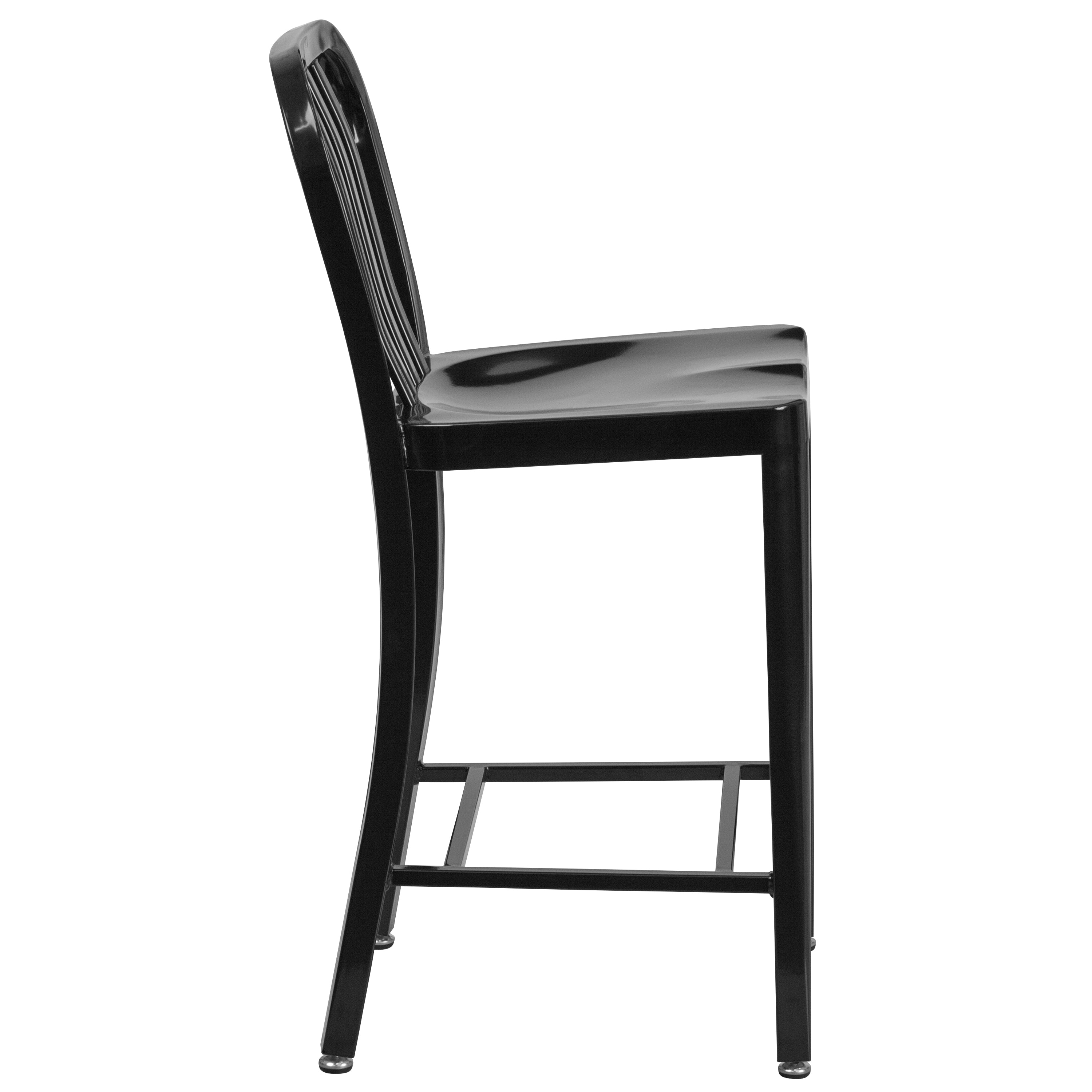 Gael Commercial Grade 24" High Black Metal Indoor-Outdoor Counter Height Stool with Vertical Slat Back